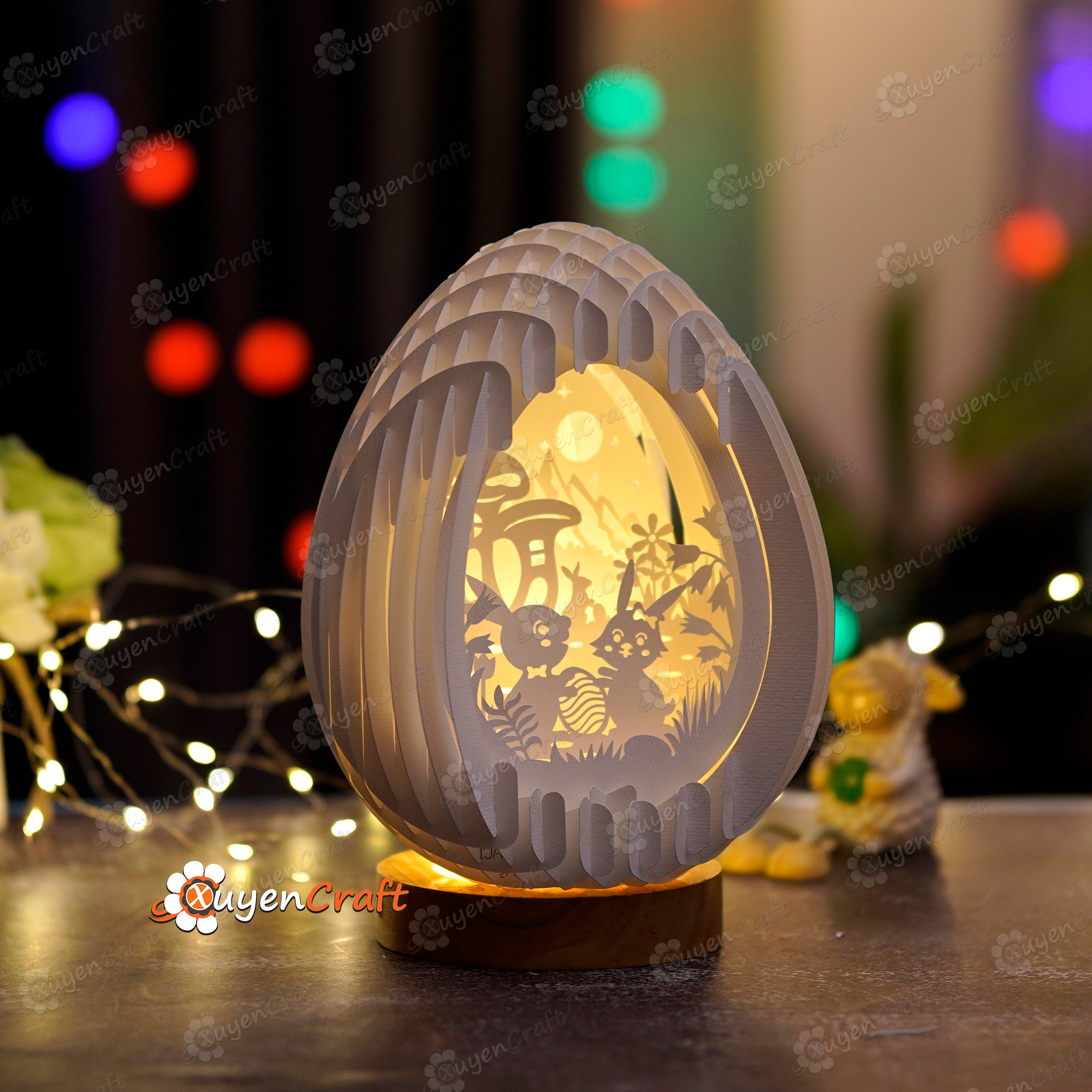 Bunny Couple Scene Easter Eggs Pop Up Shadow Box SVG Template ( Easter Egg 22cm-8.6inch ) 3D Papercut Light Box Sliceform Paper Sphere Popup