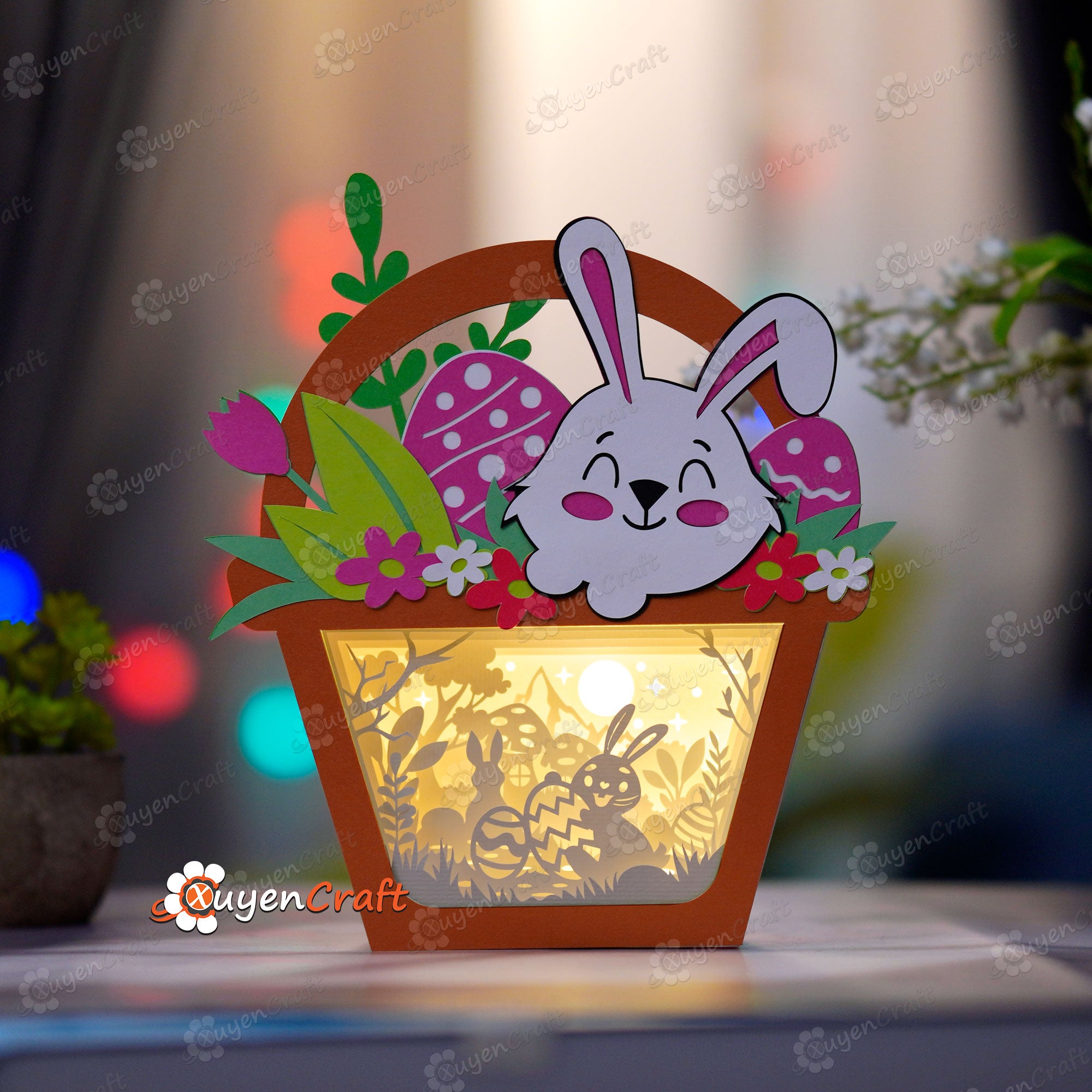 Rabbit Holding Eggs Basket Shadow Box PDF, SVG for Cricut Projects, ScanNcut, Cameo4