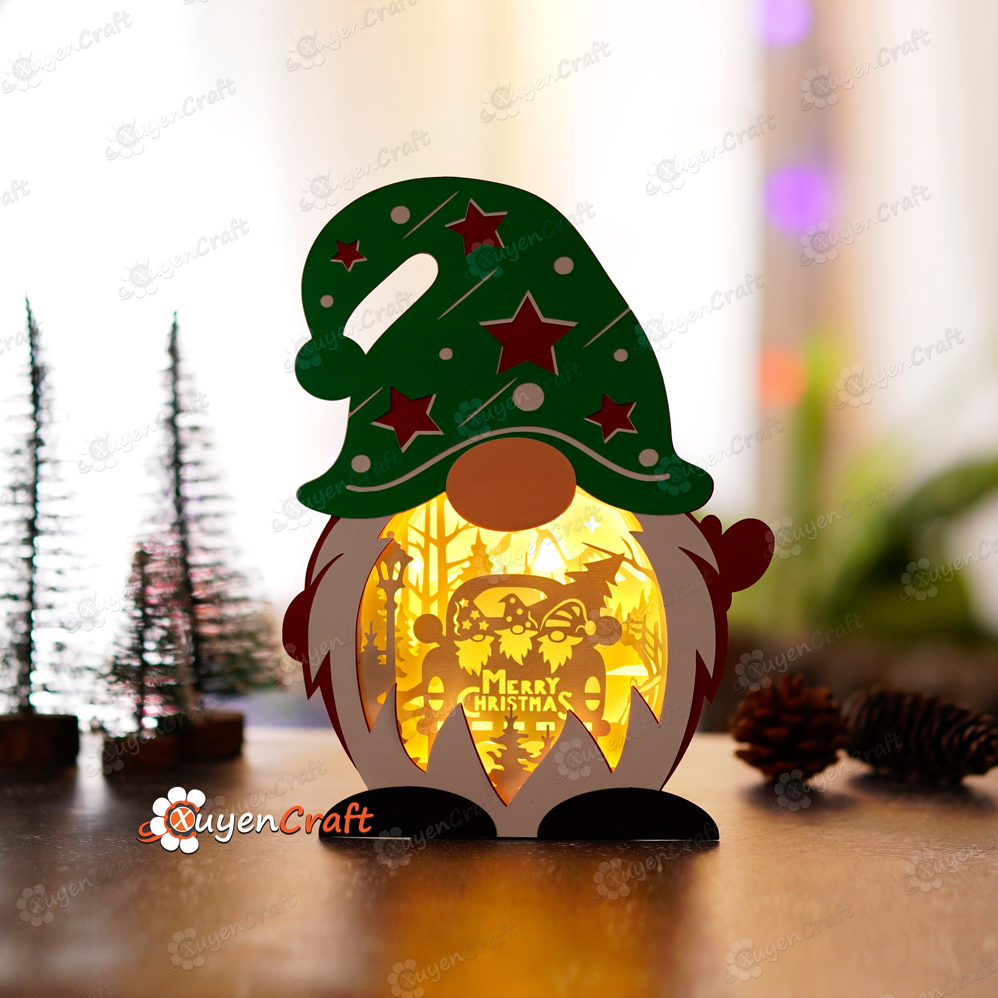 Pack 3 Christmas Gnome Shadow Box PDF, SVG Light Box for Cricut Projects - DIY Gnome Lantern with Christmas Truck, Santa, Deer Scene