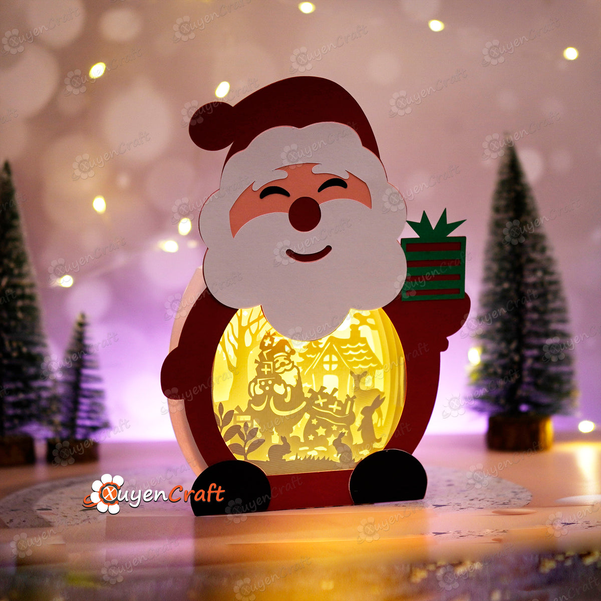 Cute Santa Flying Lantern Shadow Box SVG Template - Christmas Light Bo