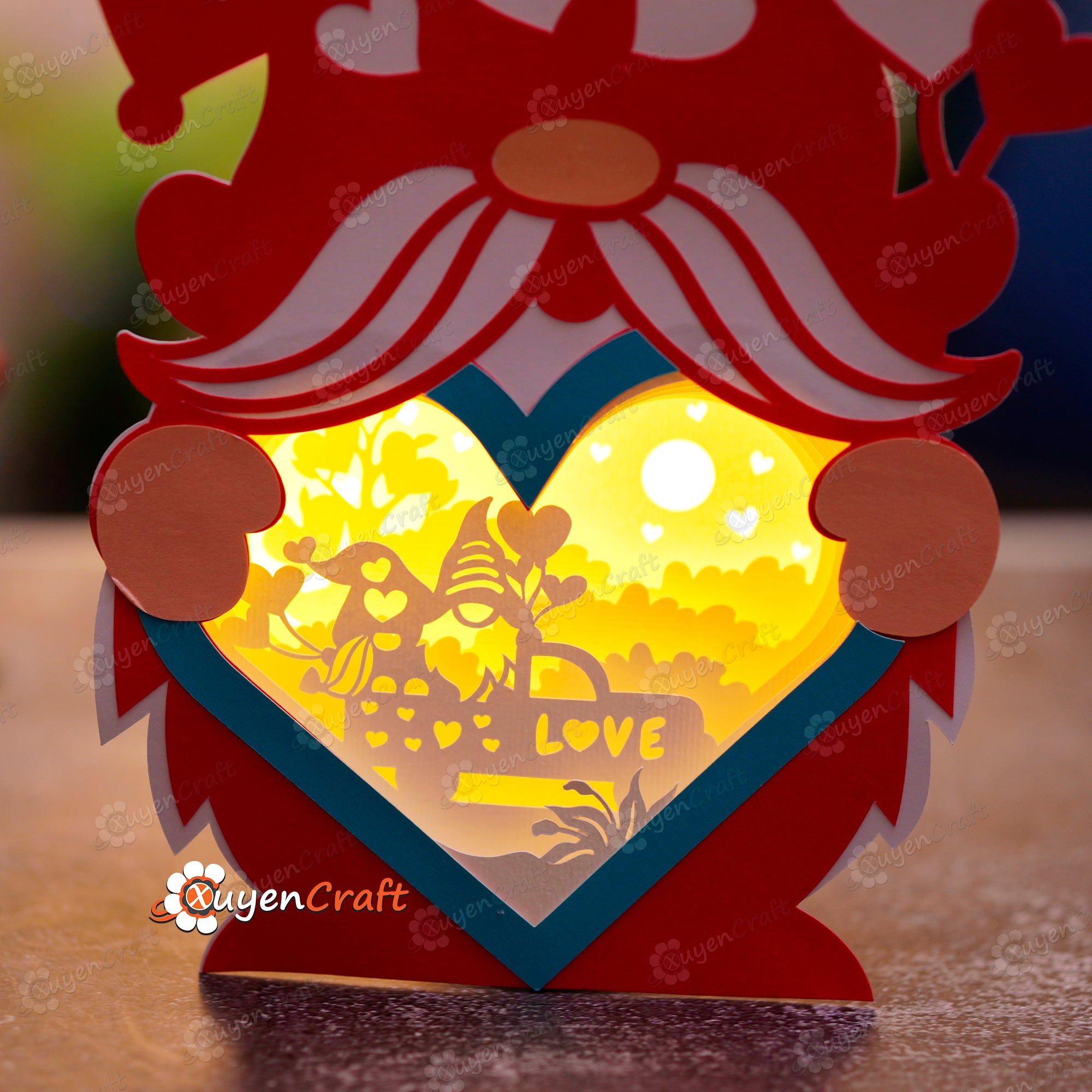 Pack 3 Heart Gnome Shadow Box PDF, SVG Light Box for Cricut Projects - DIY Heart Lantern for Valentine's Day, Love, Cup Gnome, Archery Gnome