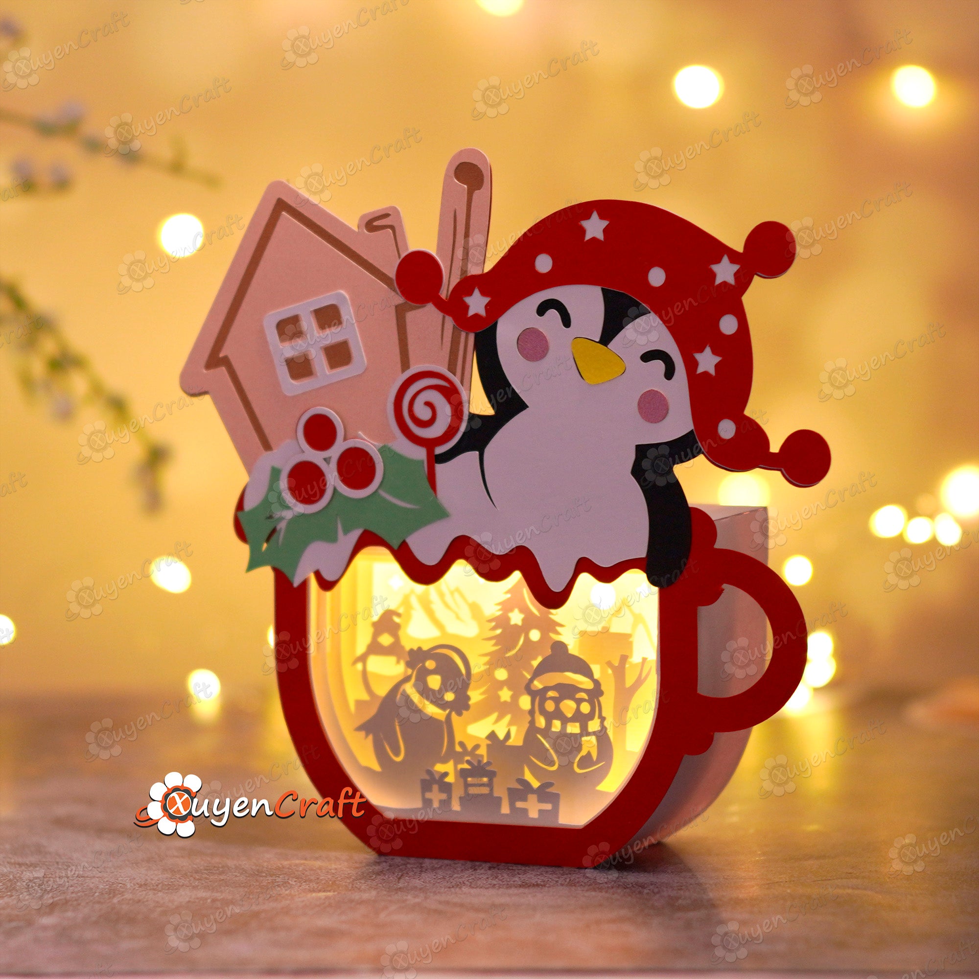 Pack 3 Hot Chocolate Shadow Box SVG - DIY Christmas Lantern - Santa Claus, Penguin, Gnome Lighbox Hot Cocoa Paper Cutting Template
