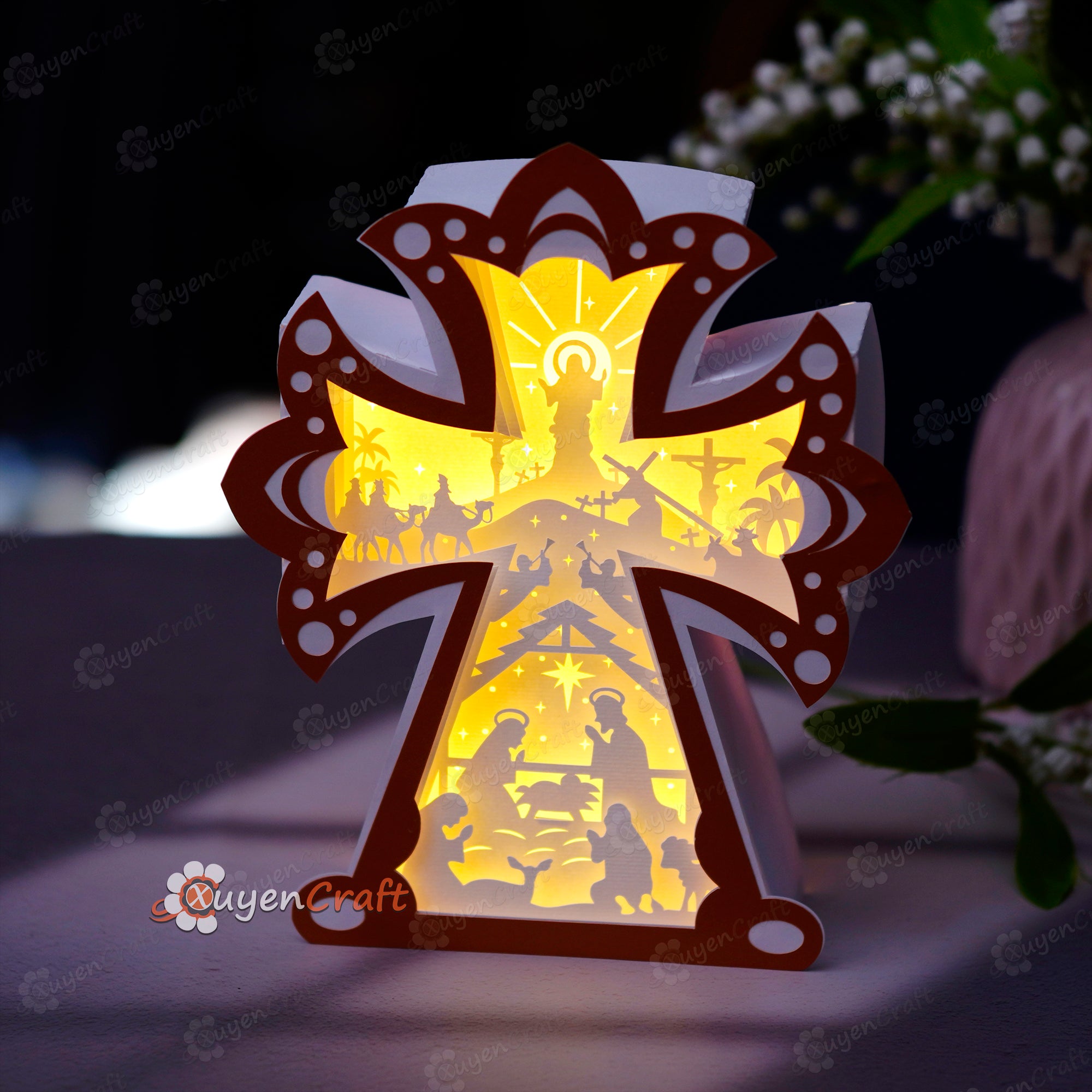 PDF, SVG, Studio Template for you for DIY Nativity scene, Crucifixion and resurrection of Christ in Cross Lantern Shadow Box Easter 3D Svg