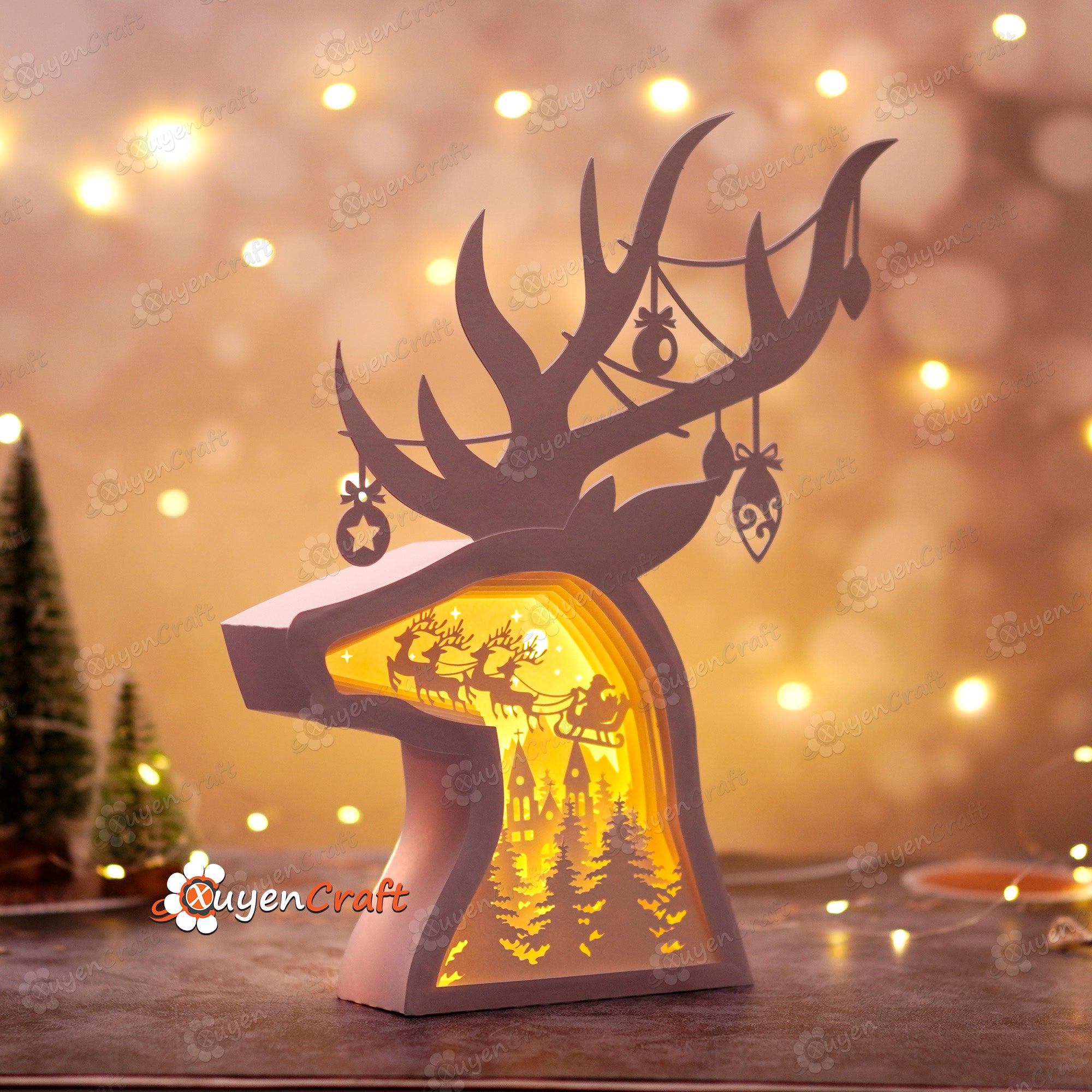Santa Flying Sleigh in Deer Head Christmas Shadow Box PDF, SVG Light Box for Cricut Projects - DIY Christmas Lantern, Reindeer Lighbox