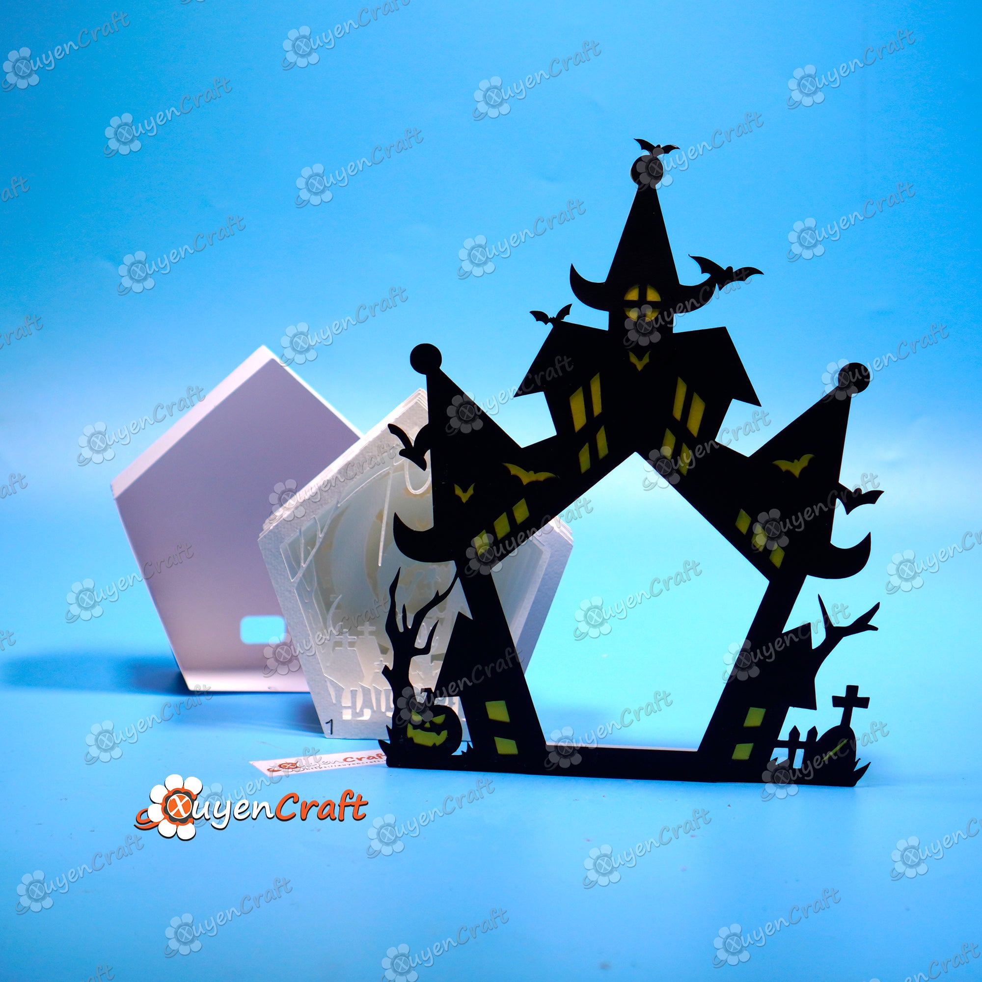 Witch & Crow in Haunted House Shadow Box Halloween PDF, SVG Light Box for Cricut, Sillhouette 4, ScanNcut