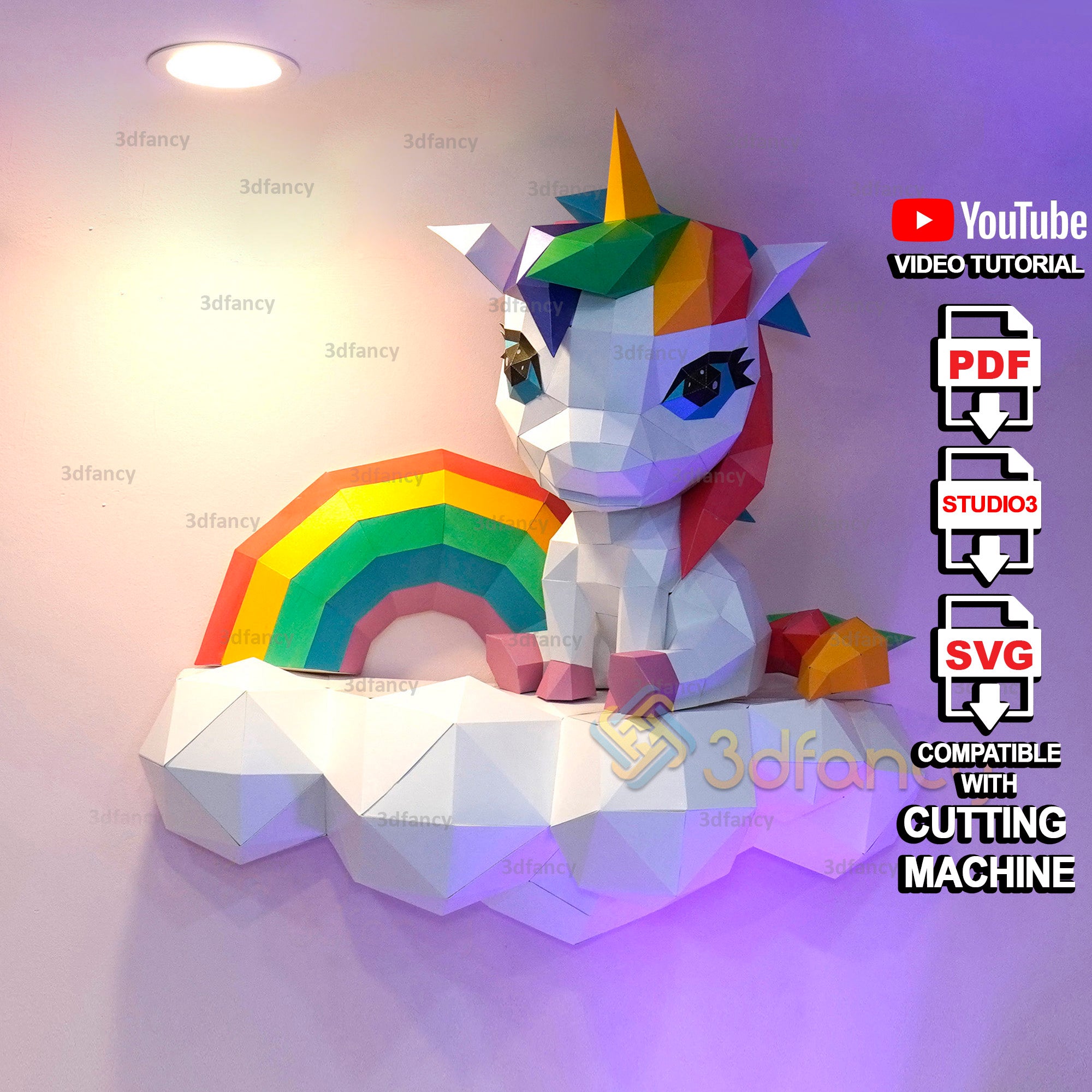 Papercraft 3D Unicorn On Clouds & Rainbow PDF, SVG Template Compatible with Cricut, Cameo 4, Scanncut