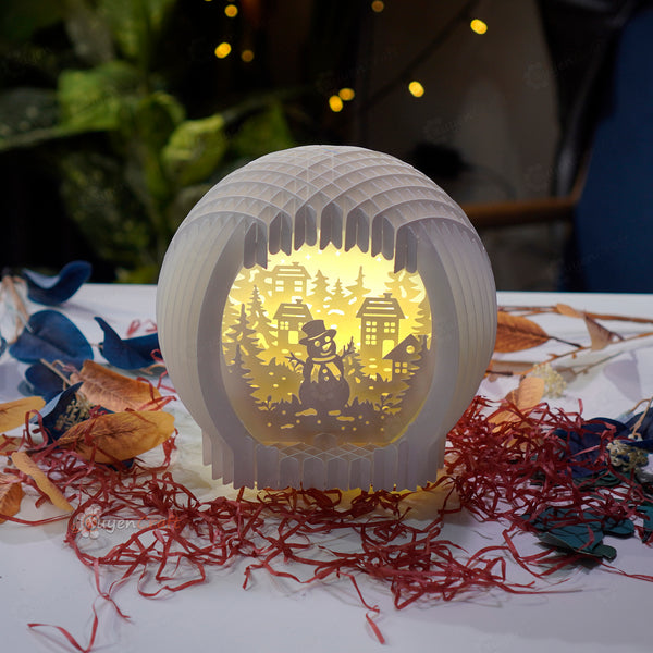 Snow globe pop up | SVG, Studio template creating paper night light for christmas, Snow globe snowman paper cut light box, DIY kirigami