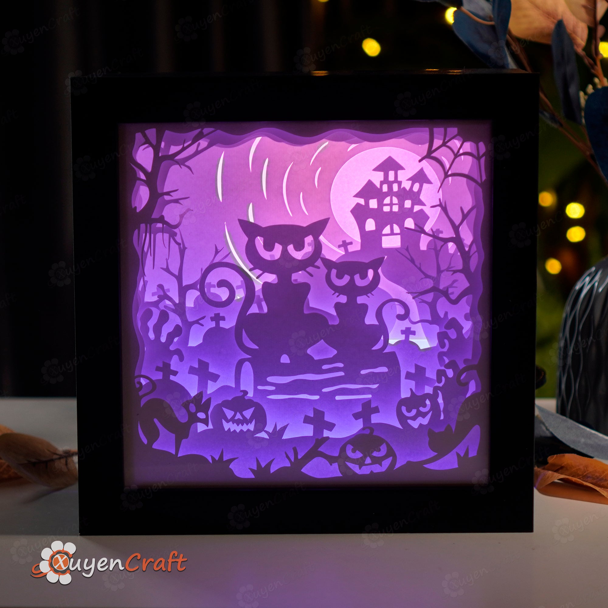 Black Cat Halloween Papercut Light Box, Shadow Box Template SVG