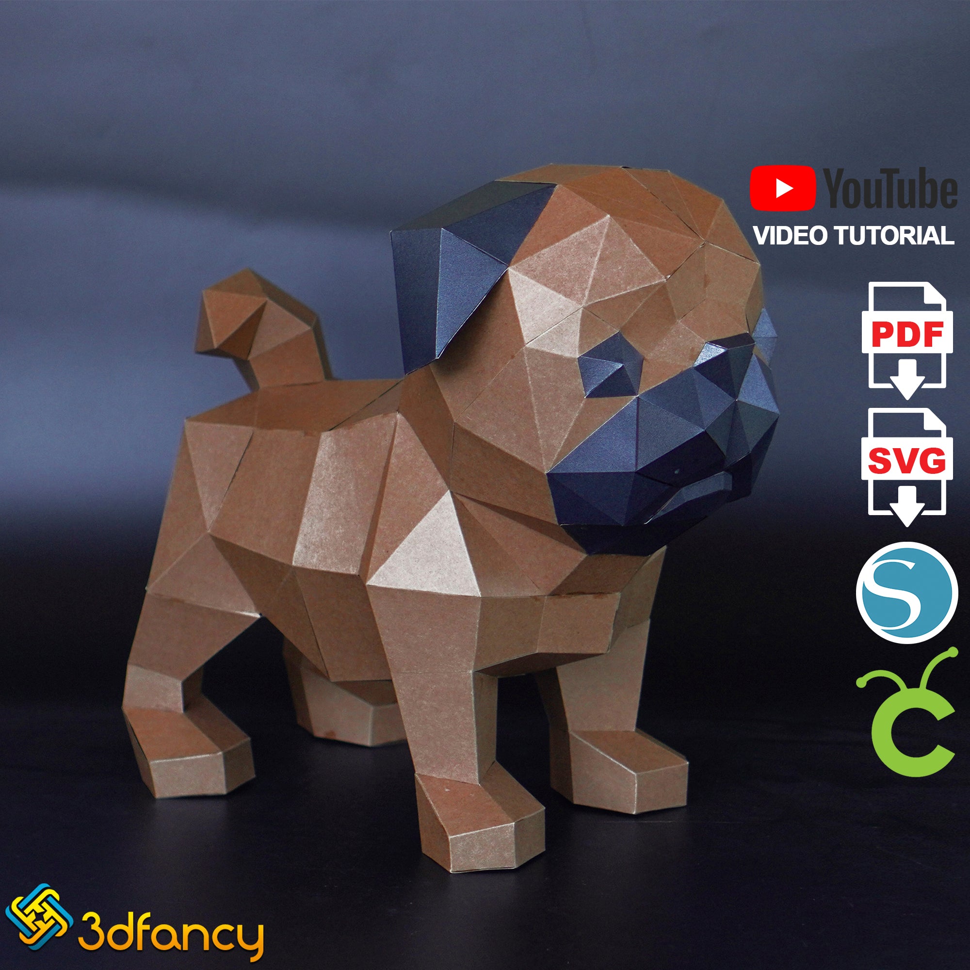 Pug Dog Papercraft PDF SVG Studio Template for Cricut, Cameo 4, Scanncut