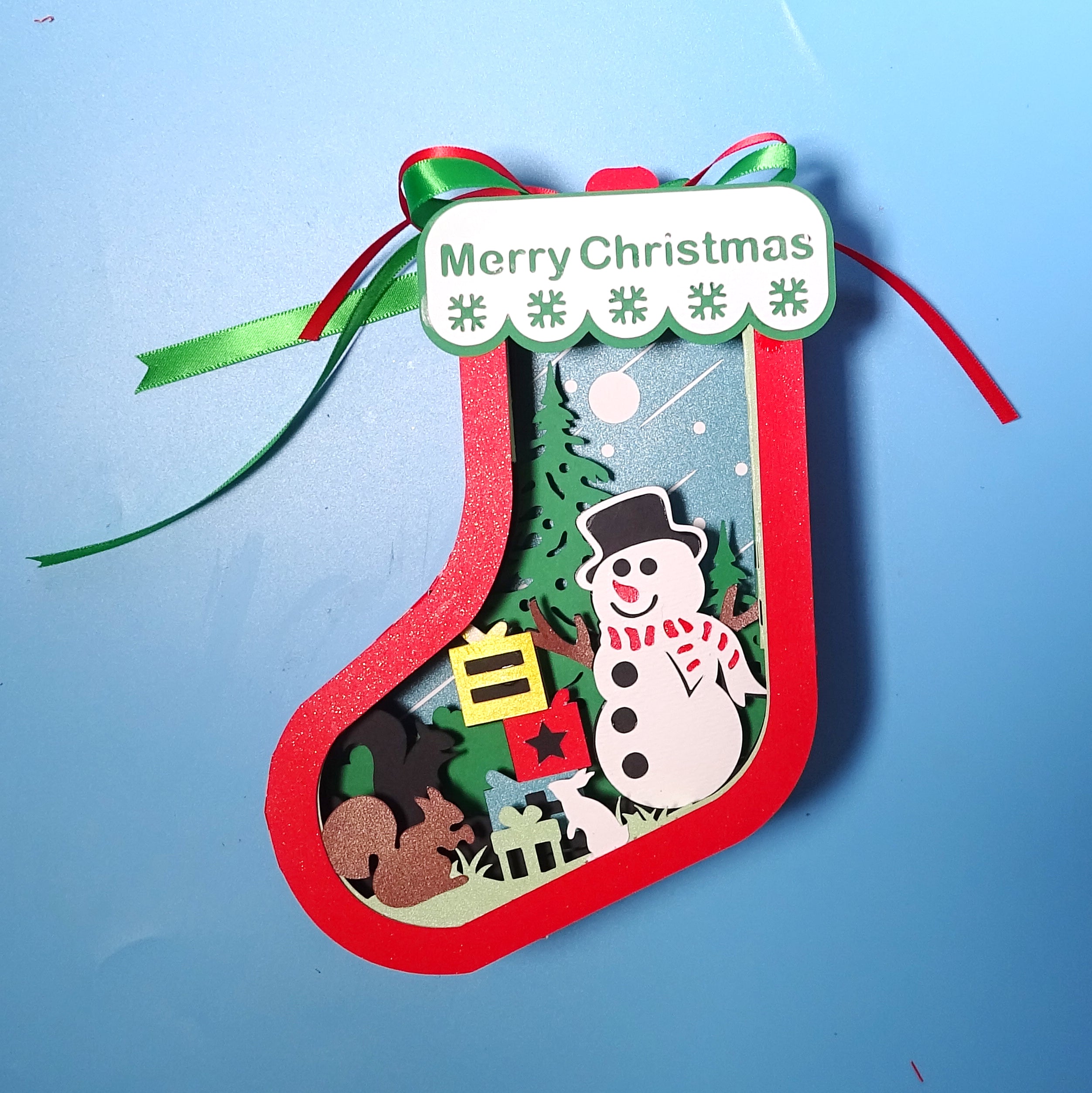 DIY Christmas Hanging Socks Snowman PDF, SVG Template - Sock Shadow Box - Paper Cut Christmas Ornaments - Paper Lantern 3D Layered svg