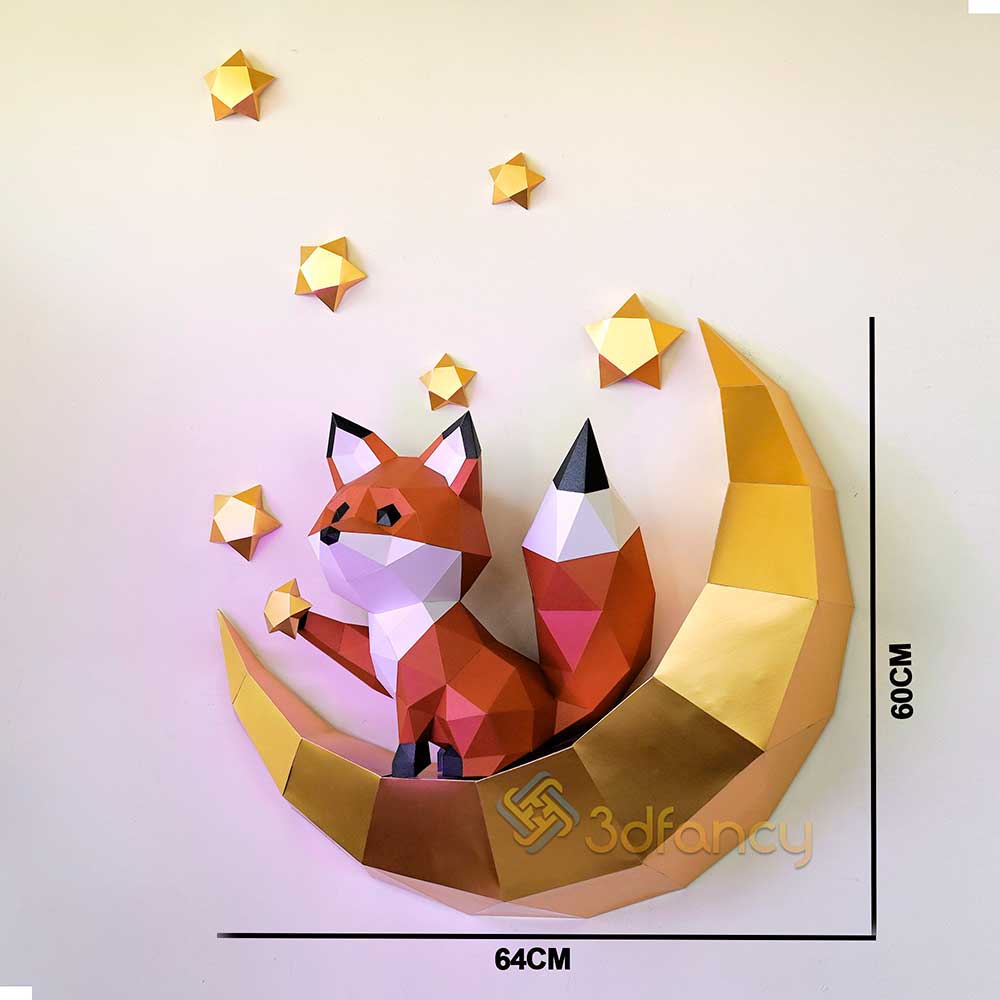 3D Fox Pick Stars On Moon Papercraft PDF, SVG Template Compatible with Cricut, Cameo 4, Scanncut