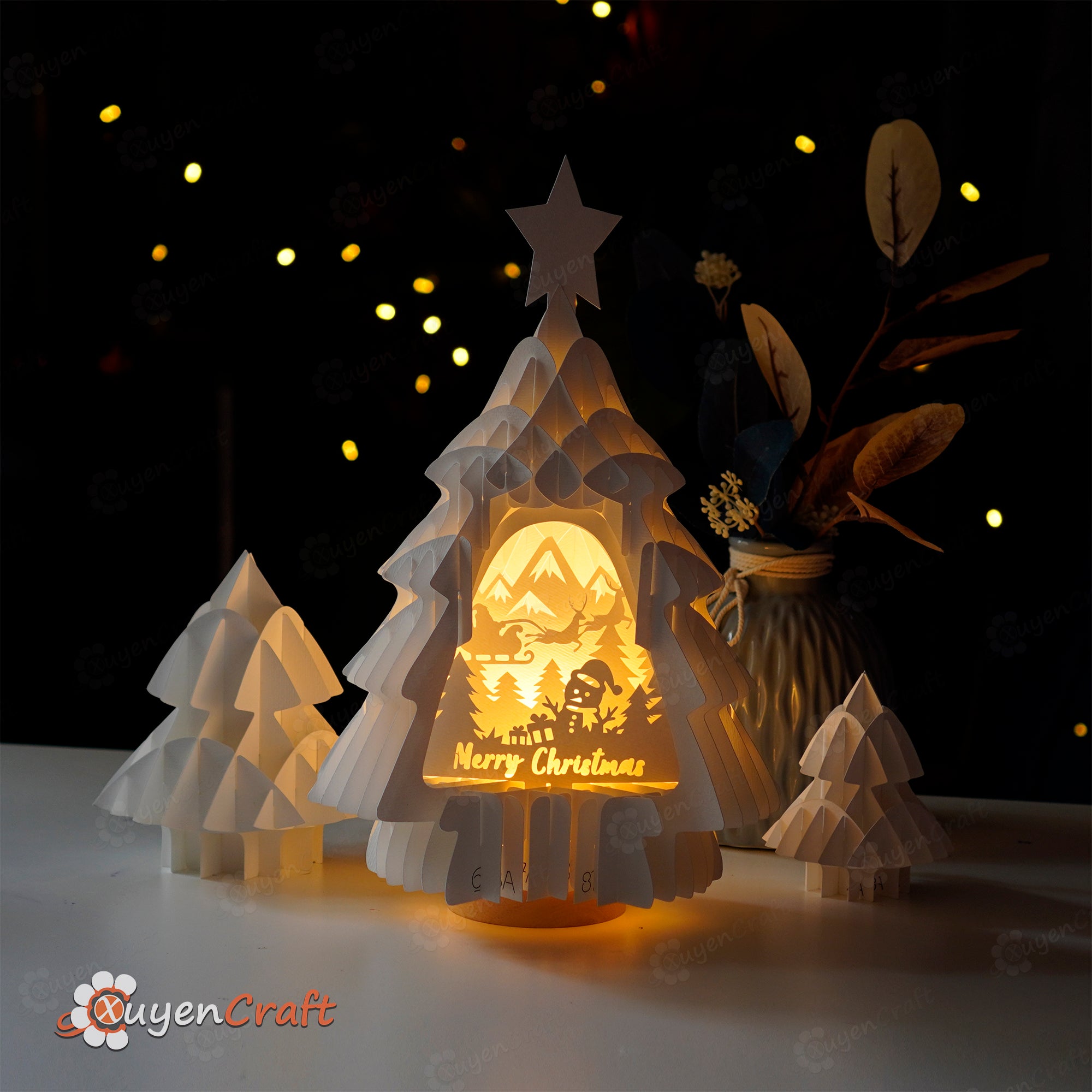 SVG Template creating 3D Christmas Tree Pop-up, Paper Craft Christmas Tree Lighting, Merry Christmas Shadow Box