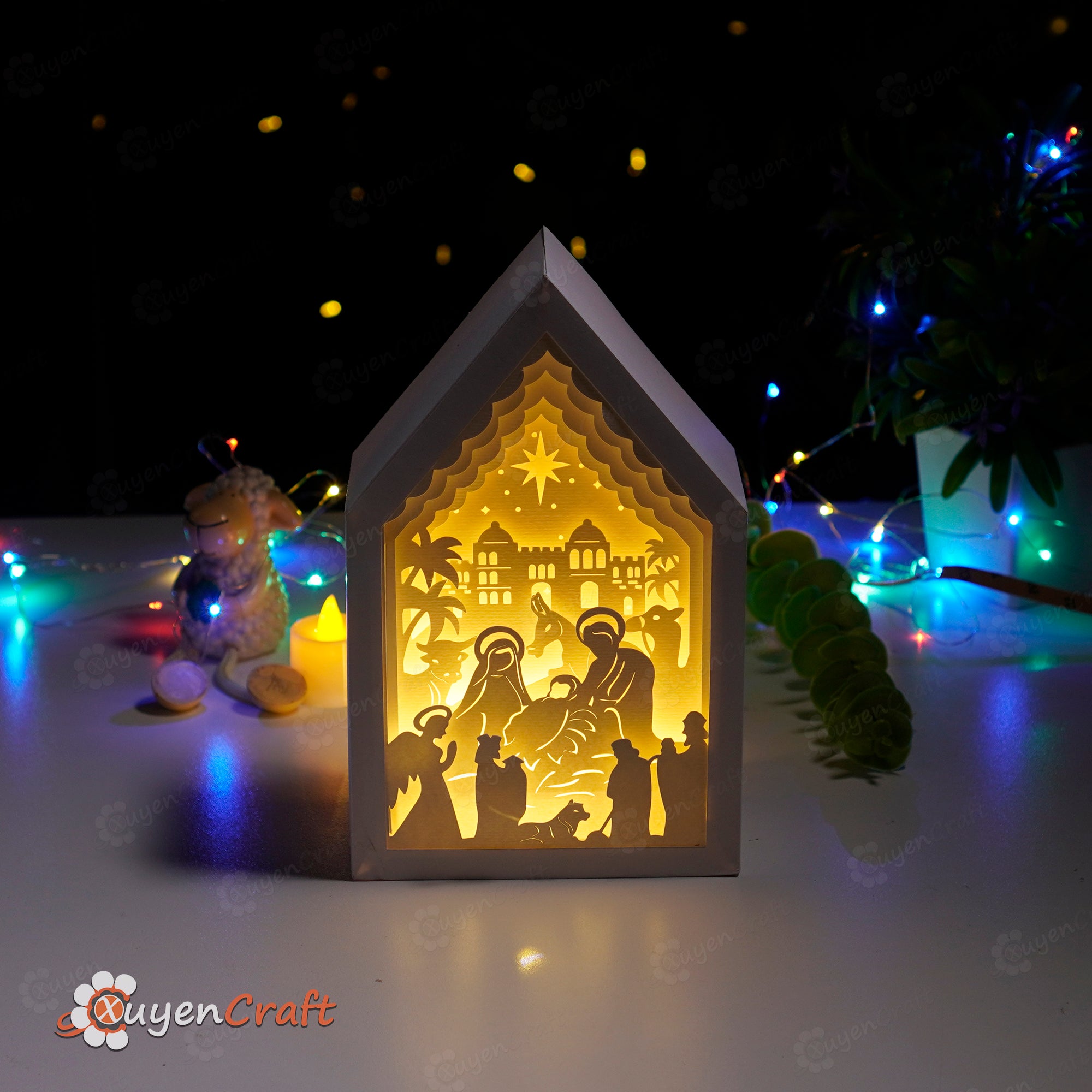Nativity Scene In Christmas House Lanterns SVG Template Paper Cut Lamp Shadow Box, Lightbox Svg for Cricut Projects
