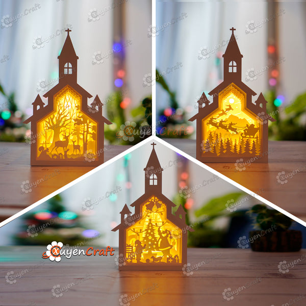 Lot de 3 boîtes d'ombre d'église de Noël PDF, boîte à lumière SVG pour projets Cricut, Cameo, ScanNcut - Lanterne d'église de Noël DIY en papier découpé