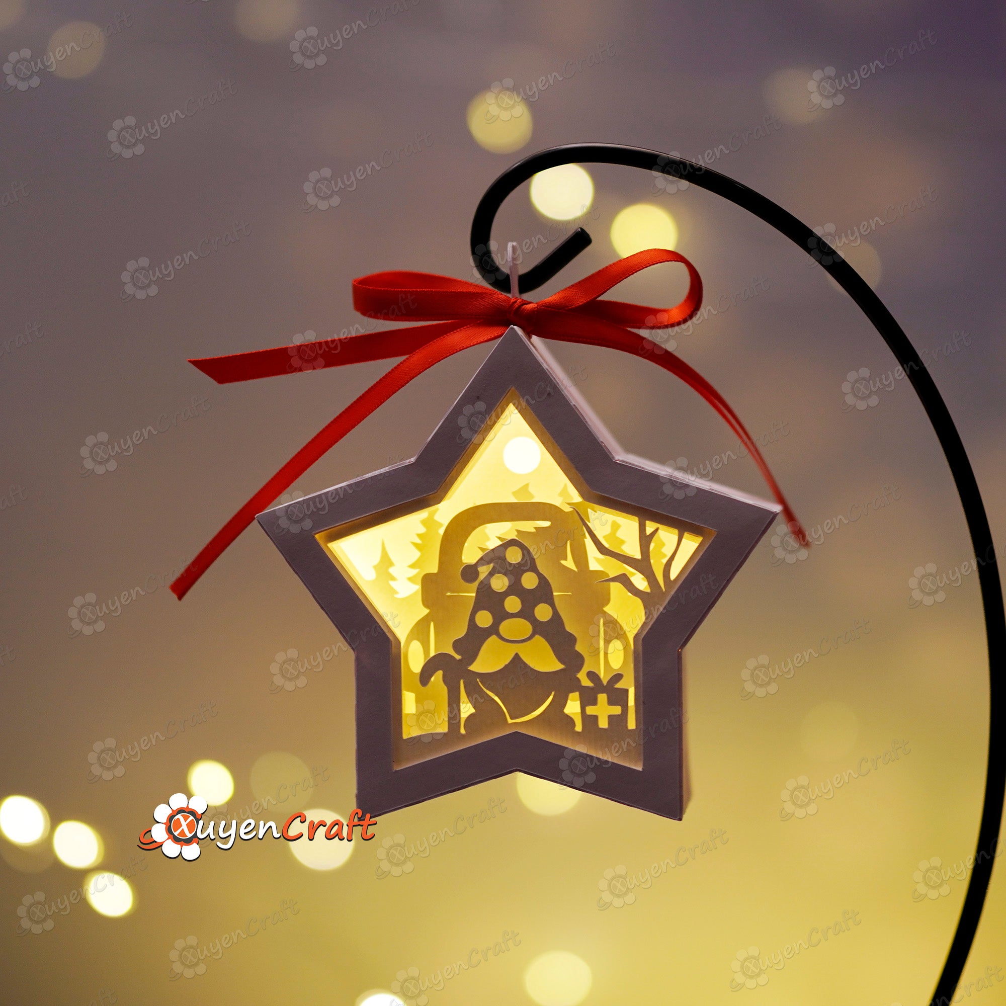 Gnome Small Star Ornaments SVG for Cricut Joy, ScanNcut, Cameo - Merry Christmas Hanging Star Lantern Shadow Box SVG Template