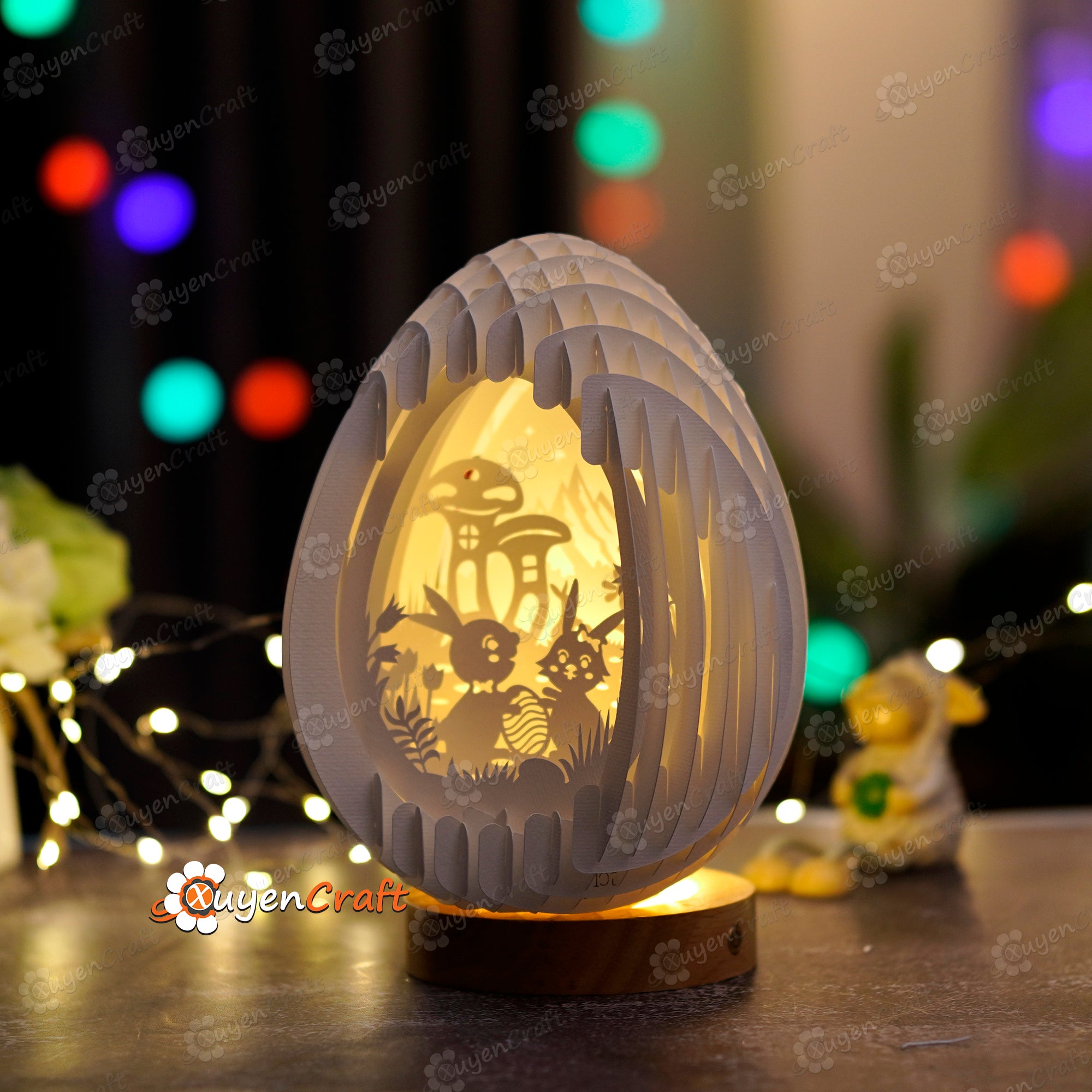 Bunny Couple Scene Easter Eggs Pop Up Shadow Box SVG Template ( Easter Egg 22cm-8.6inch ) 3D Papercut Light Box Sliceform Paper Sphere Popup