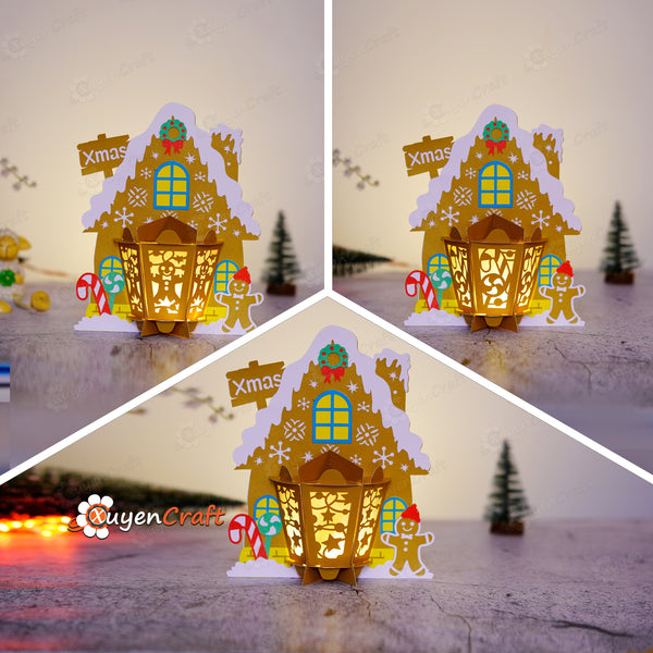 Set 3 Candy Housse Lantern SVG, Studio Templates  - DIY Gingerbread House Lantern