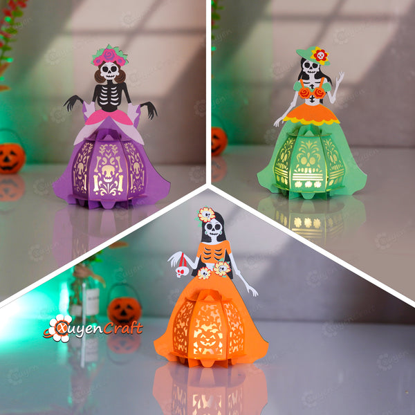 Pack 3 Catrina Lantern Templates – Halloween, Day of the Dead SVG PDF Studio Files, DIY Catrina & Spooky Girl Paper Lantern Decor