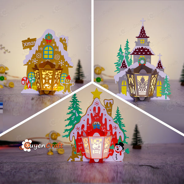 Pack 3 Church Lantern, Candy House Lantern, Snowman House Lantern SVG, Studio Templates