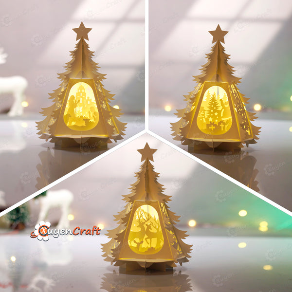 Set 3 Christmas Tree Lantern Templates 2025 | Nativity Scene, Santa, Snowman & Deer Paper Cut Light | SVG PDF Files