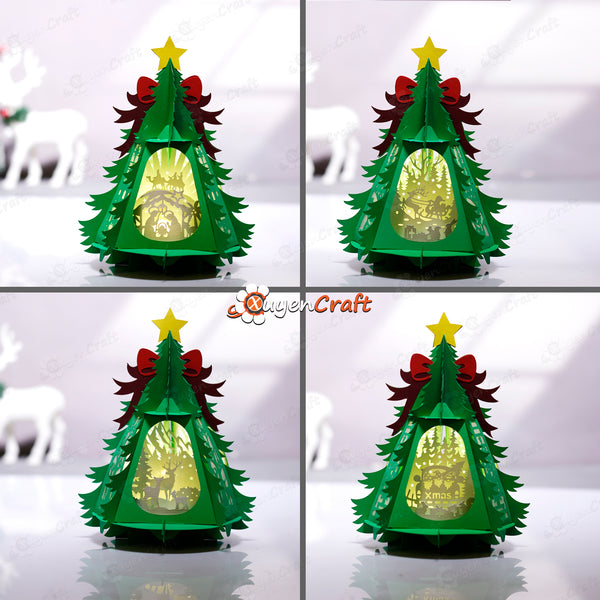 Pack 4 Christmas Tree Lantern Templates 2025 | Nativity Scene, Santa, Gnome & Deer Family Paper Cut Light | SVG PDF Files