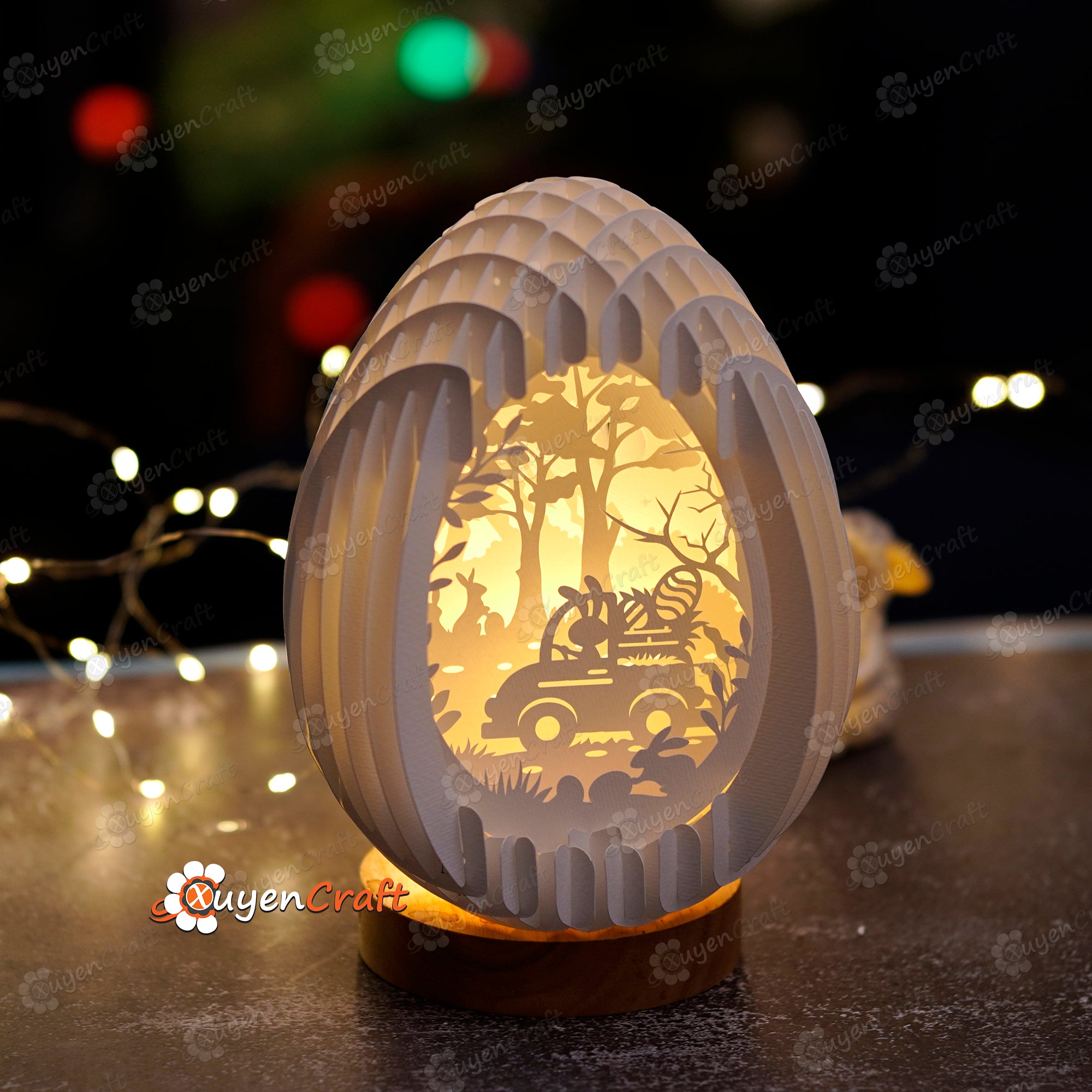 Bunny Car Scene Easter Eggs Pop Up Shadow Box SVG Template ( Easter Egg 22cm-8.6inch ) - 3D Papercut Light Box Sliceform Paper Sphere Popup