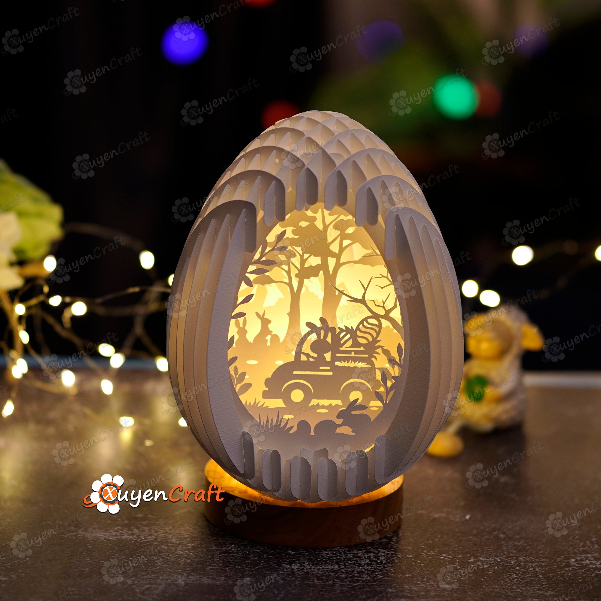 Bunny Car Scene Easter Eggs Pop Up Shadow Box SVG Template ( Easter Egg 22cm-8.6inch ) - 3D Papercut Light Box Sliceform Paper Sphere Popup