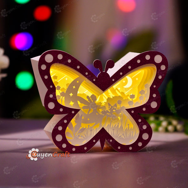 Boîte à lumière papillon avec scène de lune féerique, boîte à ombre PDF, SVG, modèle de studio