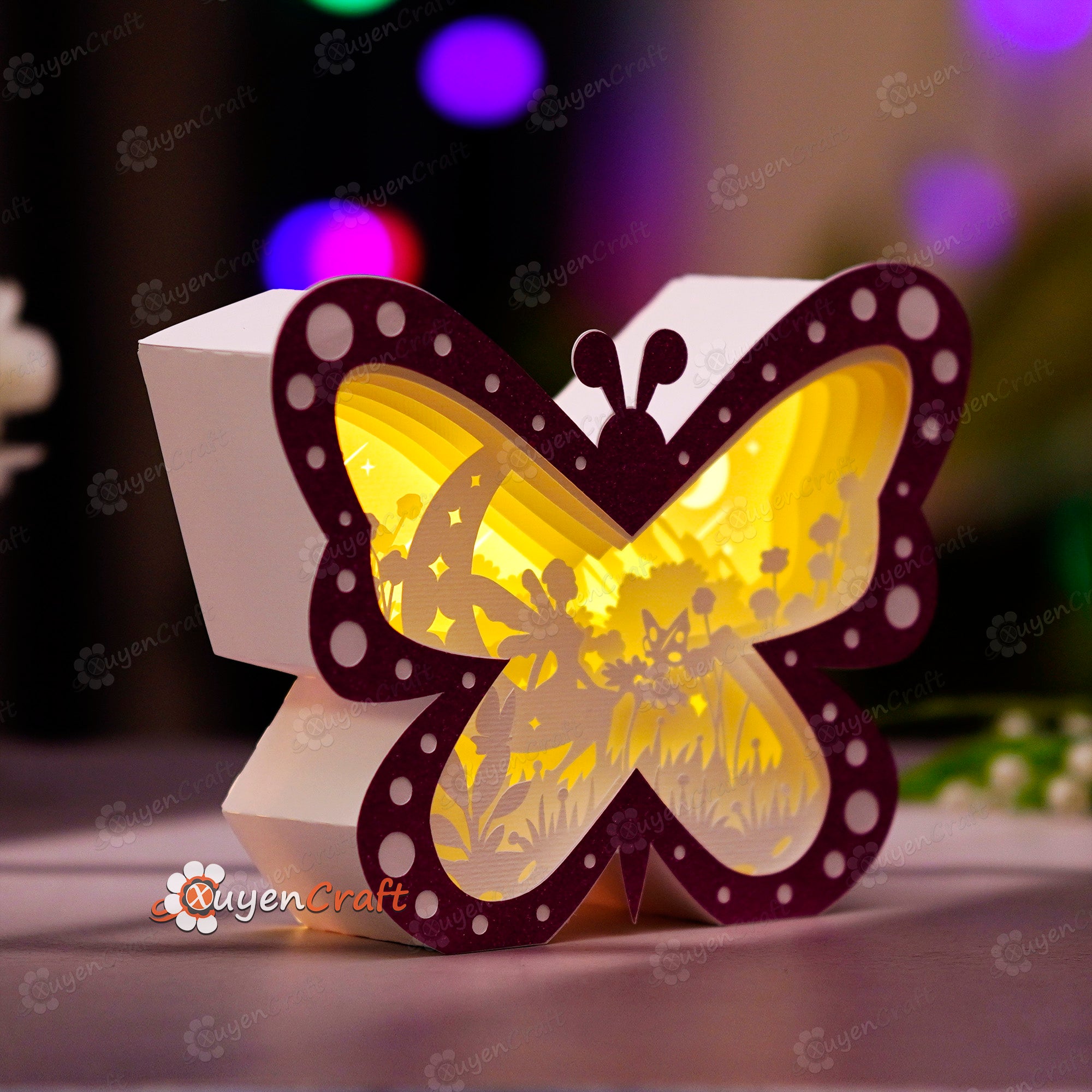 Fairy Moon Scene Butterfly Light Box, Shadow Box PDF, SVG, Studio Template