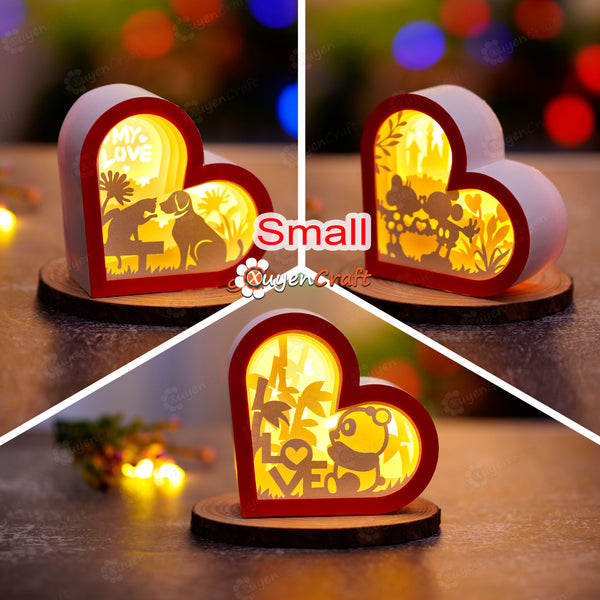 Pack 3 Small Heart Lanterns Shadow Box SVG for Cricut Joy, ScanNcut, Cameo - Diy valentines crafts Dog and Cat Scene, Mickey Love and Panda