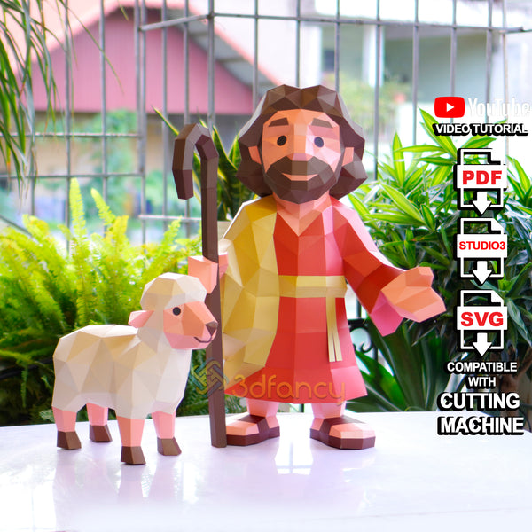 Jesus and Sheep Papercraft | The Good Shepherd 3D Model Decoration | SVG PDF Studio Files