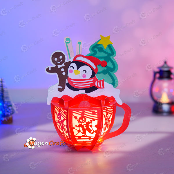 Lanterne de Noël en chocolat chaud en forme de pingouin PDF, SVG, modèles de studio