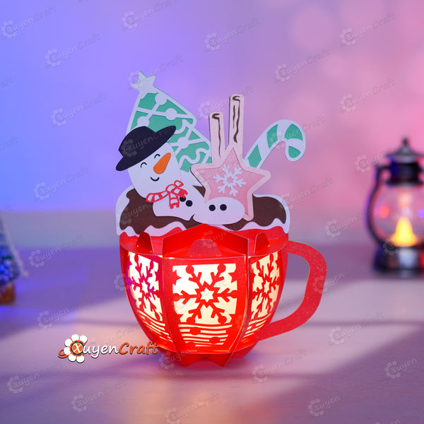 Lanterne de chocolat chaud de Noël en forme de bonhomme de neige PDF, SVG, modèles de studio