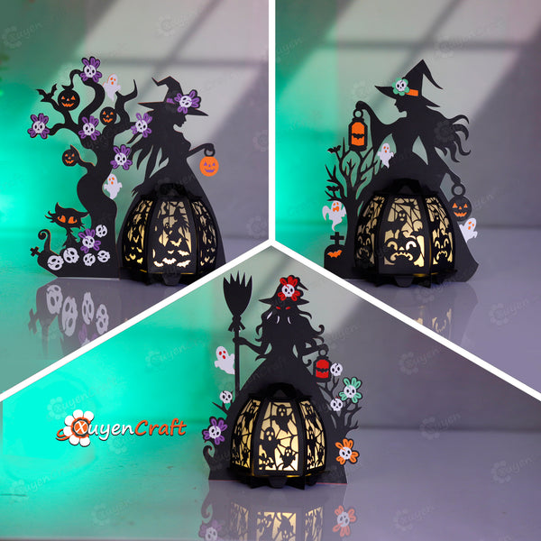 Pack 3 Witch Lantern Templates – Halloween Paper Lantern SVG PDF Studio Files, DIY Papercut Halloween Decoration