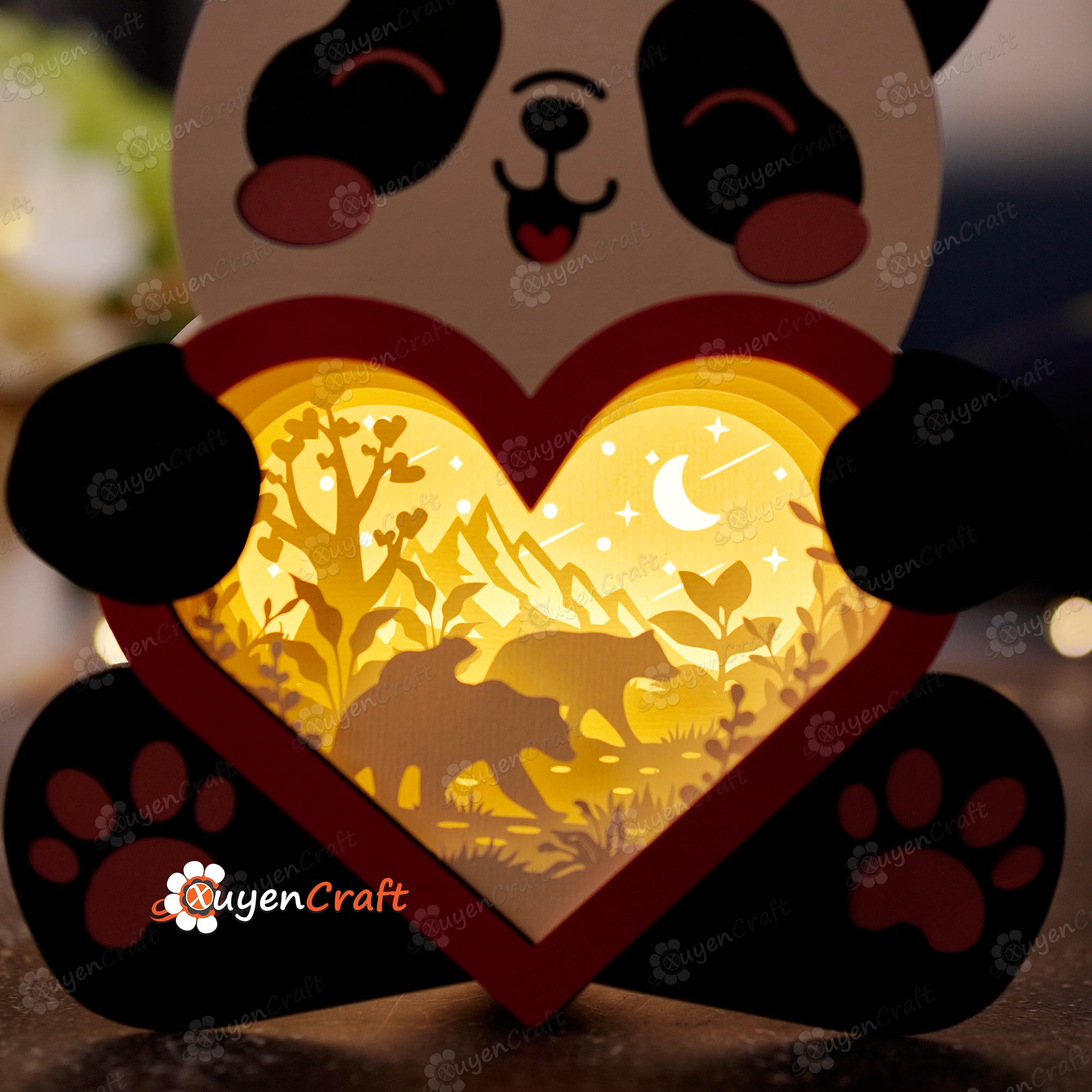Bear Family in Panda Heart Lantern Shadow Box PDF, SVG Template - DIY Bear Family Lightbox for Valentine's Day - Panda Paper Cut