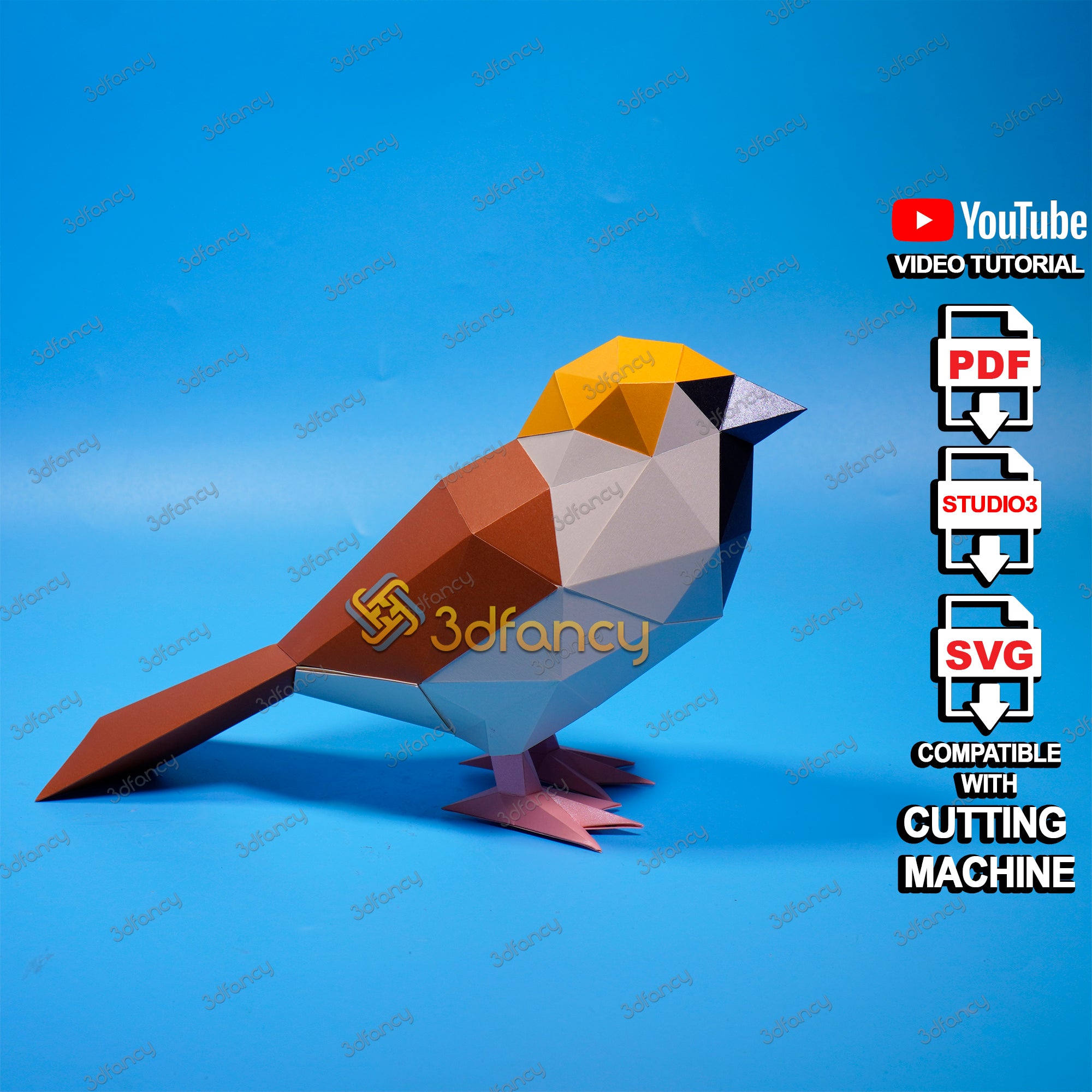 Papercraft Bird Sparrow PDF for Printer, SVG Template for Cricut, Came