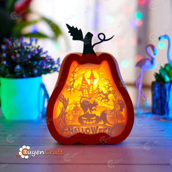 Cat in Tall Pumpkin Lantern Shadow Box SVG for Cricut Projects, ScanNcut, Cameo4..