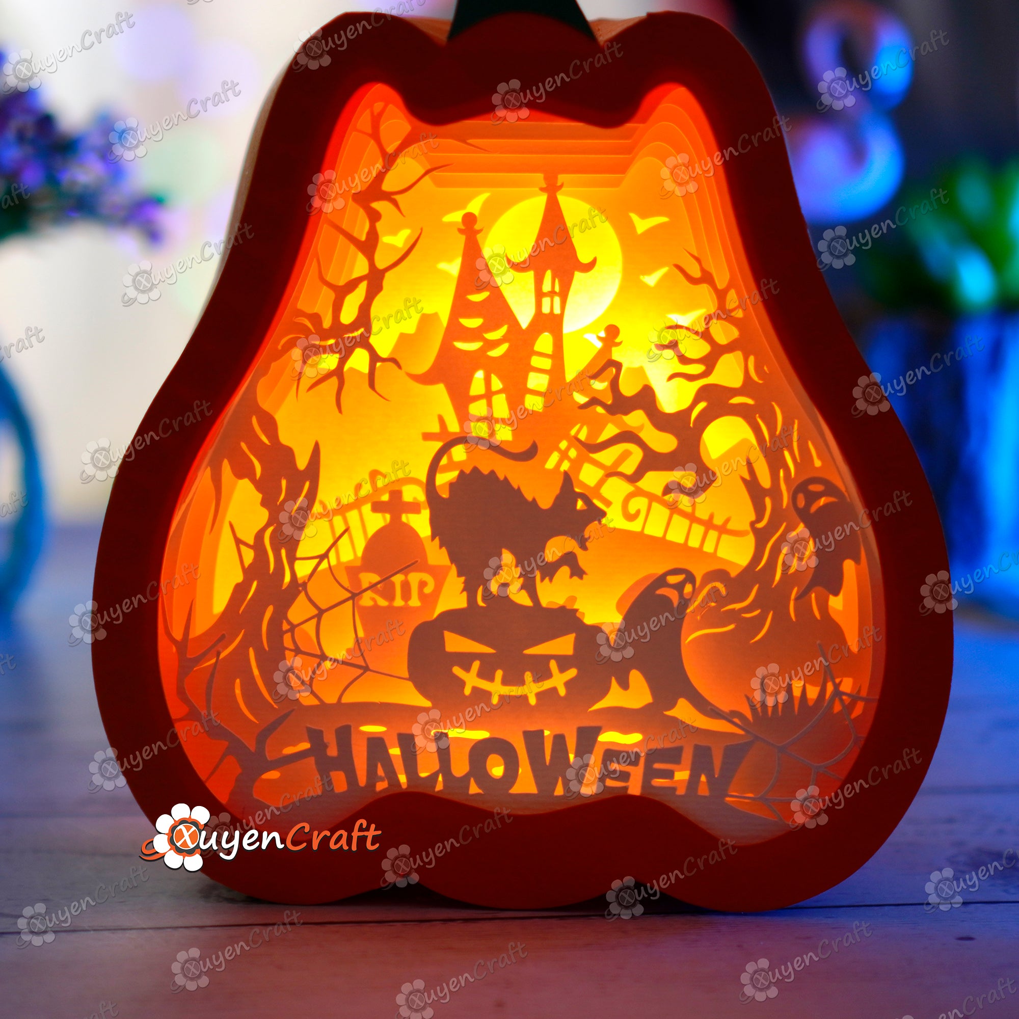 Cat in Tall Pumpkin Lantern Shadow Box SVG for Cricut Projects, ScanNcut, Cameo4..