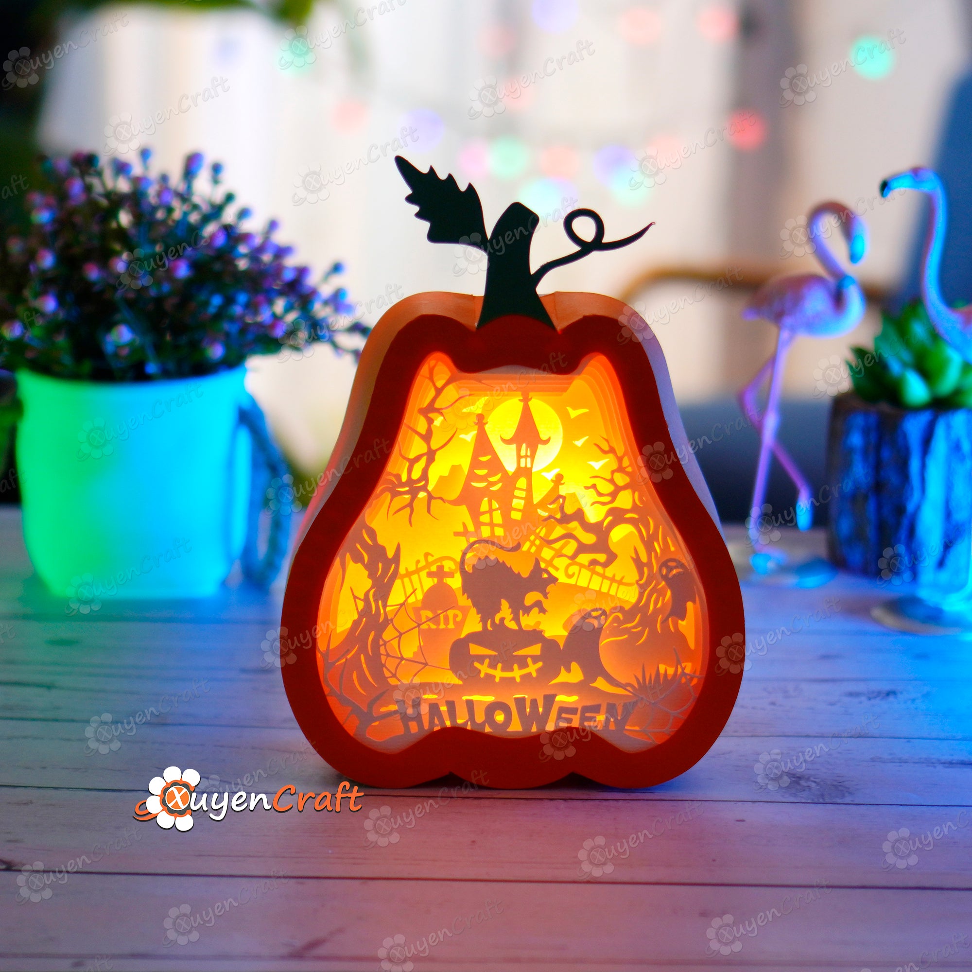 Cat in Tall Pumpkin Lantern Shadow Box SVG for Cricut Projects, ScanNcut, Cameo4..