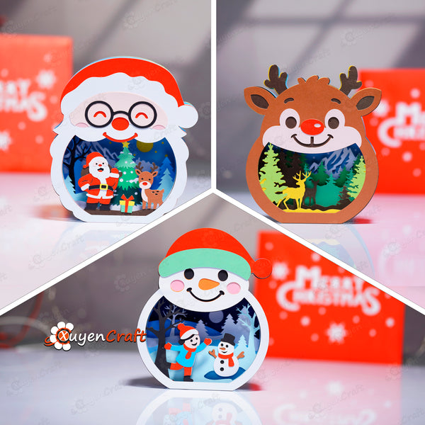 Pack 3 Christmas 3D Pop-up Cards Templates – Santa Claus, Snowman, Reindeer | DIY Papercut Christmas Ornament | PDF SVG Studio Files