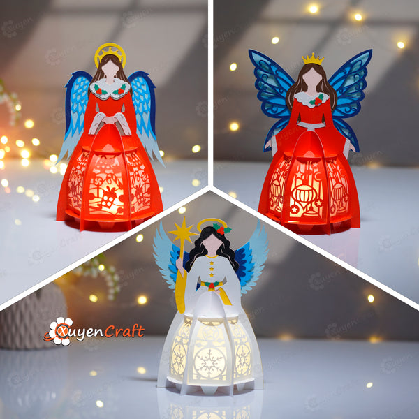Pack 3 Christmas Angel Paper Lantern Templates – Red Angel, White Angel, Star Angel | 3D Paper Christmas Ornament | Papercut SVG PDF Files