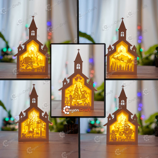 Lot de 5 boîtes d'ombre d'église de Noël PDF, boîte à lumière SVG pour projets Cricut, Cameo, ScanNcut - Lanterne d'église de Noël DIY en papier découpé