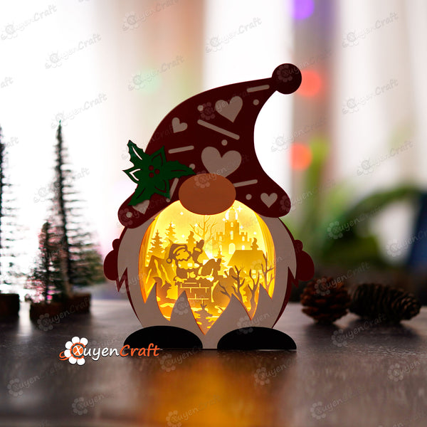 Père Noël dans une boîte à ombres de gnome de Noël PDF, SVG pour projets Cricut - Lanterne de Noël Gnome DIY Noël, boîte à lumière Gnome en papier découpé