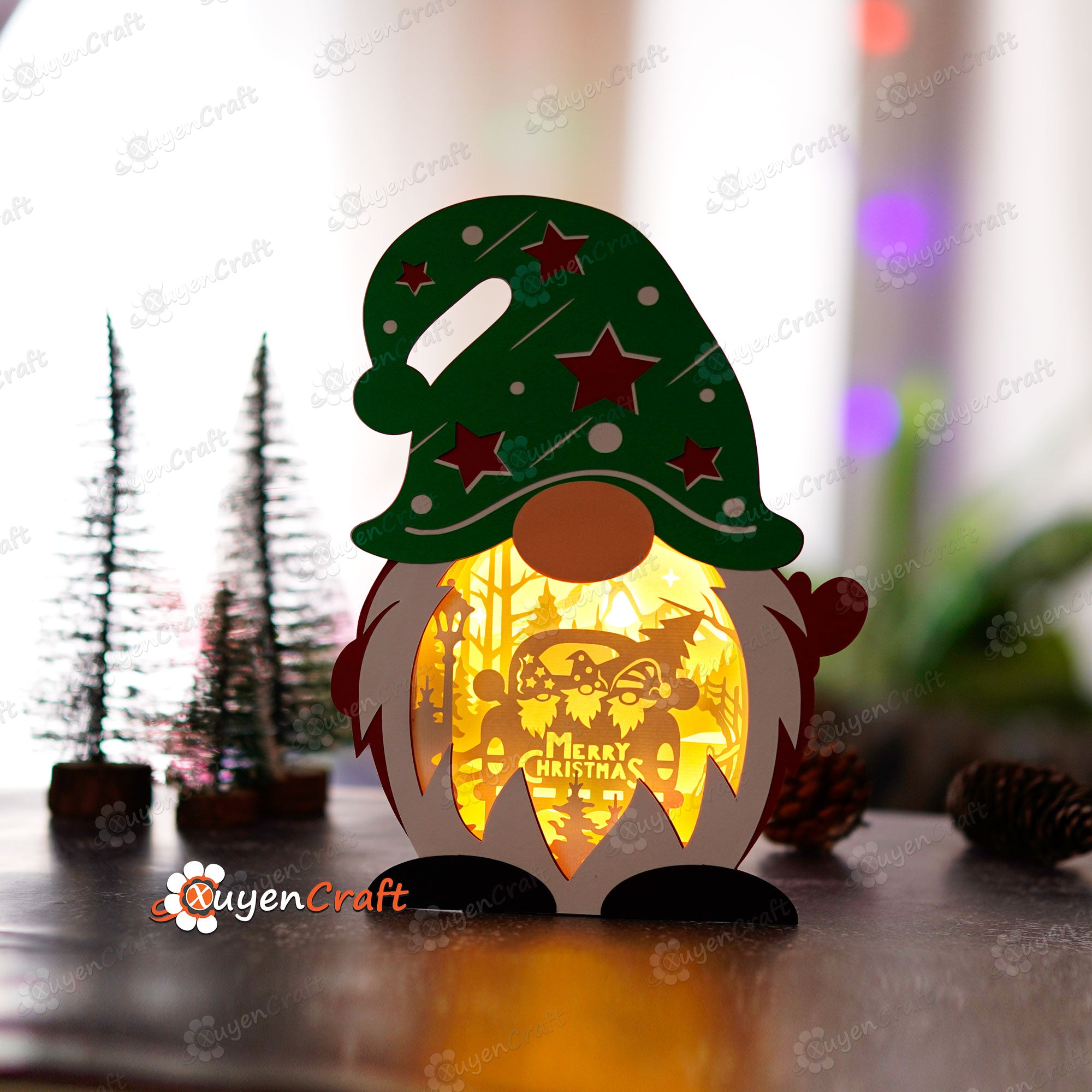 Pack 3 Christmas Gnome Shadow Box PDF, SVG Light Box for Cricut Projects - DIY Gnome Lantern with Christmas Truck, Santa, Deer Scene