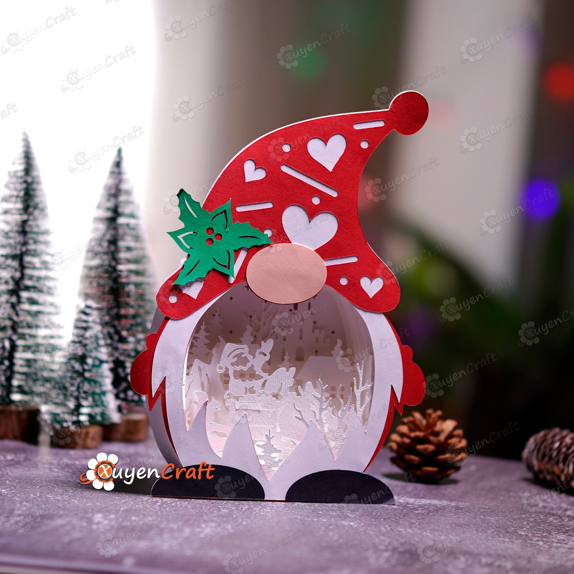 Santa Claus in Christmas Gnome Shadow Box PDF, SVG for Cricut Projects - DIY Gnome Christmas Lantern Christmas, Gnome Light Box Paper Cut