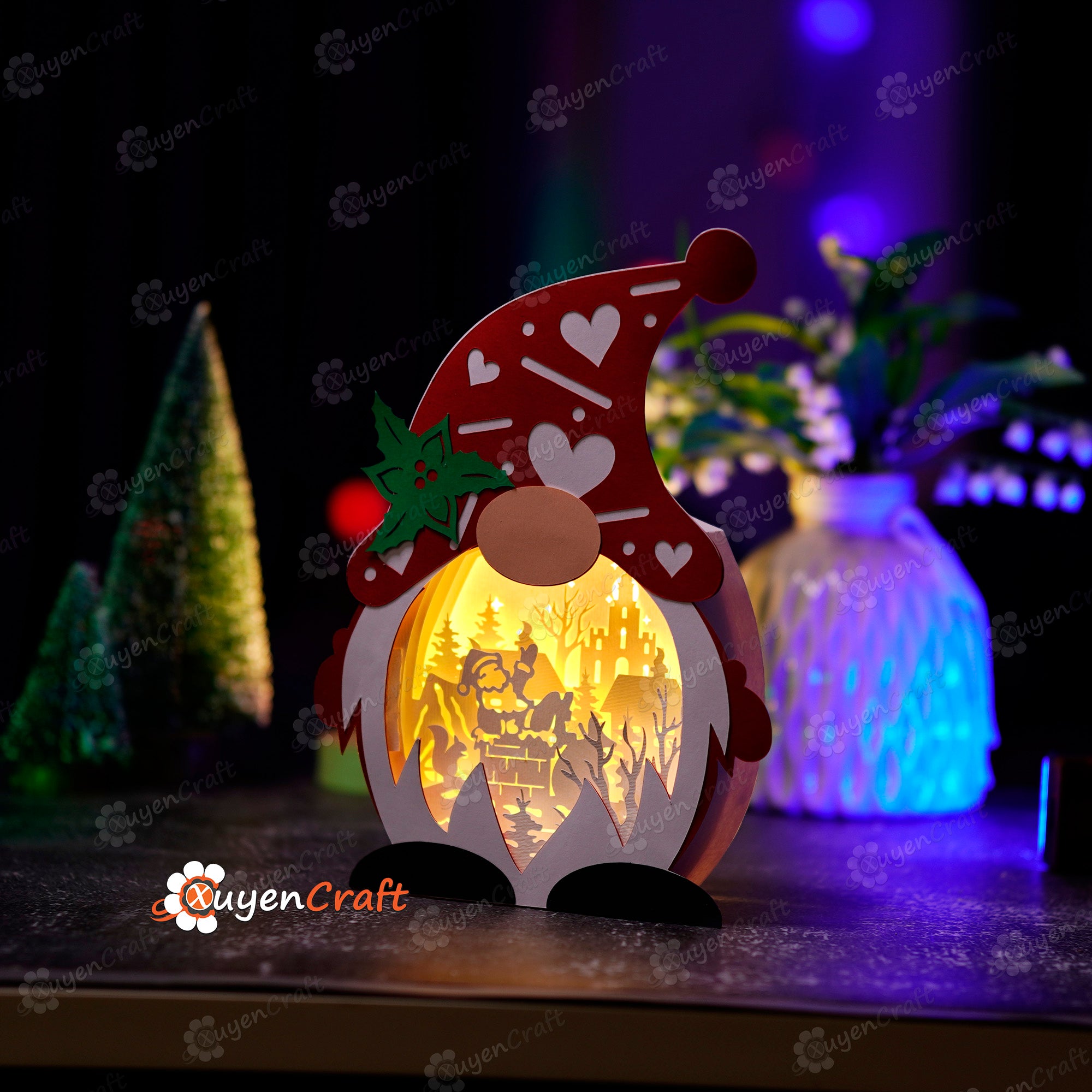 Santa Claus in Christmas Gnome Shadow Box PDF, SVG for Cricut Projects - DIY Gnome Christmas Lantern Christmas, Gnome Light Box Paper Cut