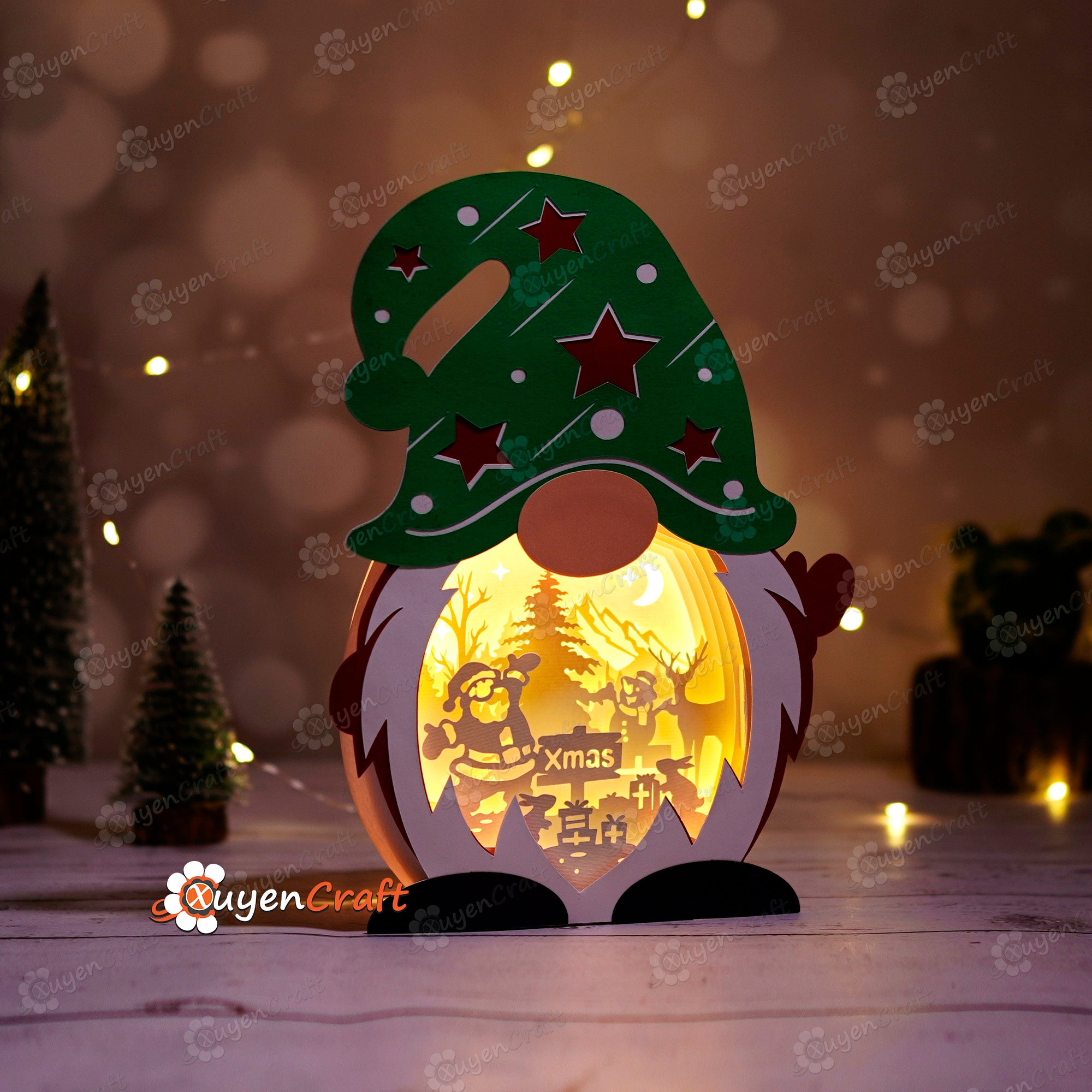 Set 3 Christmas Gnome Shadow Box PDF, SVG Light Box for Cricut Projects - DIY Gnome Lantern with Christmas Gnome, Santa Xmas, Deer Scene