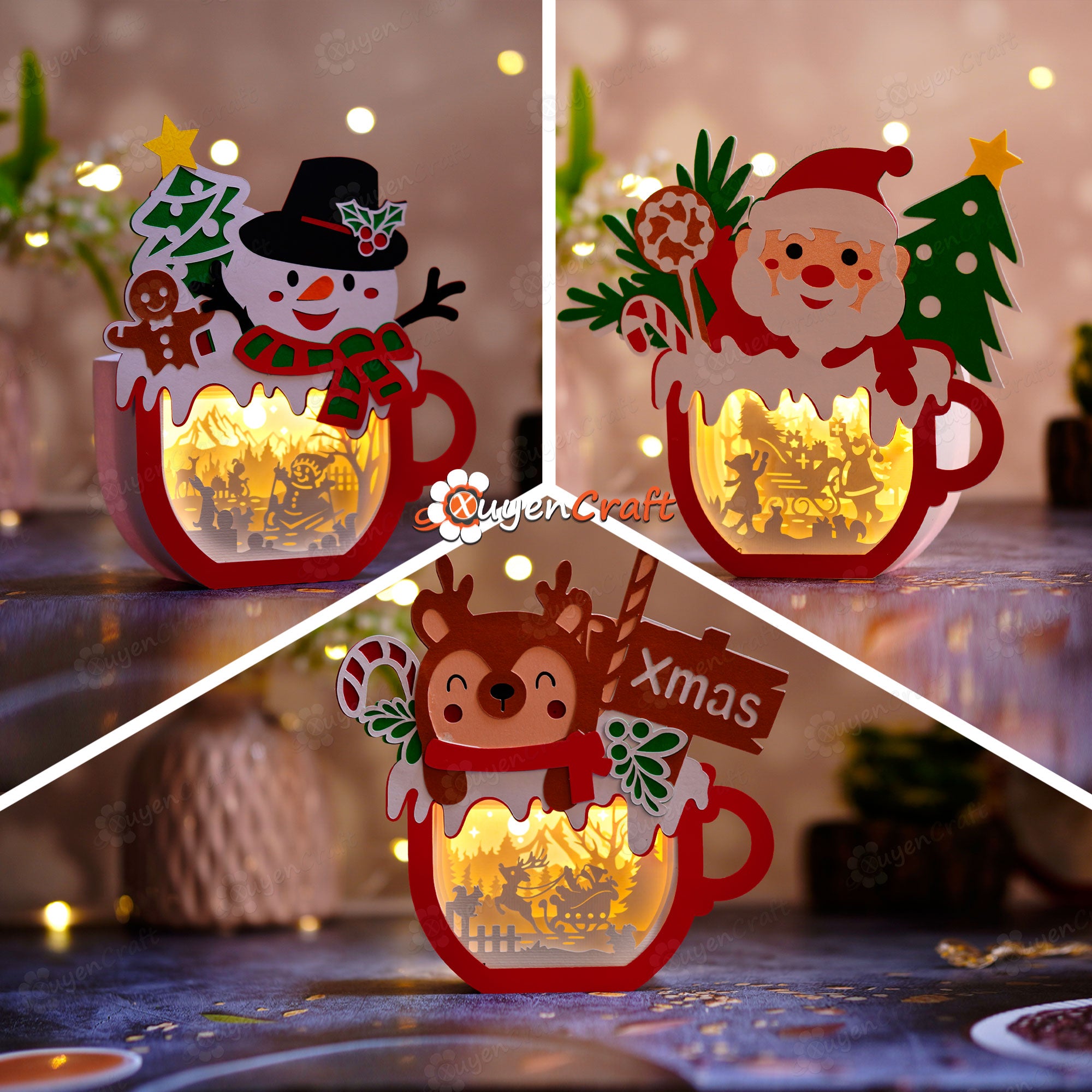 Pack 3 Christmas Hot Cocoa Shadow Box SVG Light Box for Cricut Projects, Cameo, ScanNcut