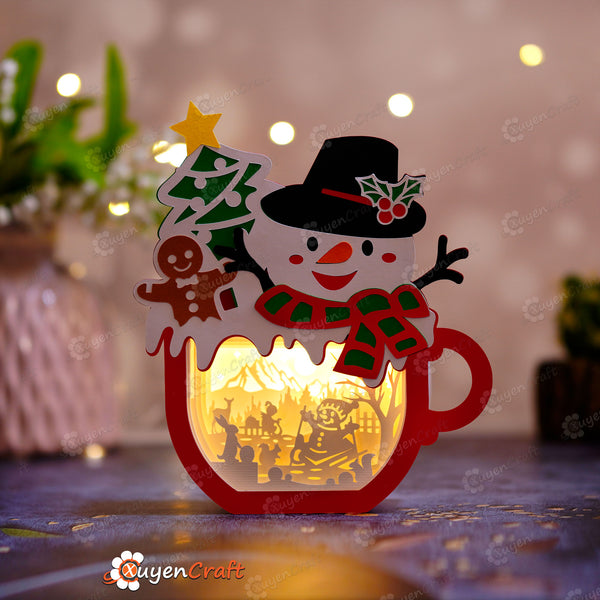 Schneemann Weihnachten Hot Cocoa Shadow Box SVG Lichtbox für Cricut Projekte, Cameo, ScanNcut