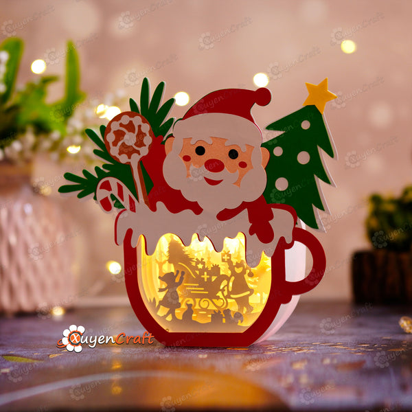 Boîte à lumière SVG représentant un chocolat chaud de Noël représentant le Père Noël pour les projets Cricut, Cameo, ScanNcut